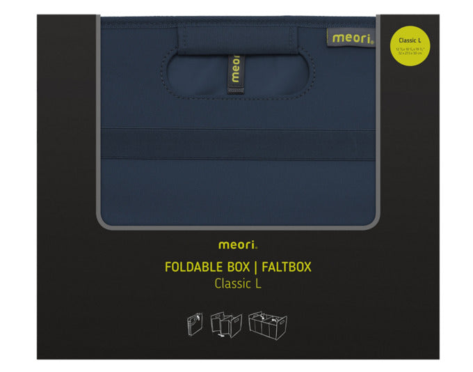 Die MEORI Faltbox L Classic in marine blue vereint Stil und Funktionalität. Ideal für Einkäufe, Büroorganisation und mehr – platzsparend faltbar!