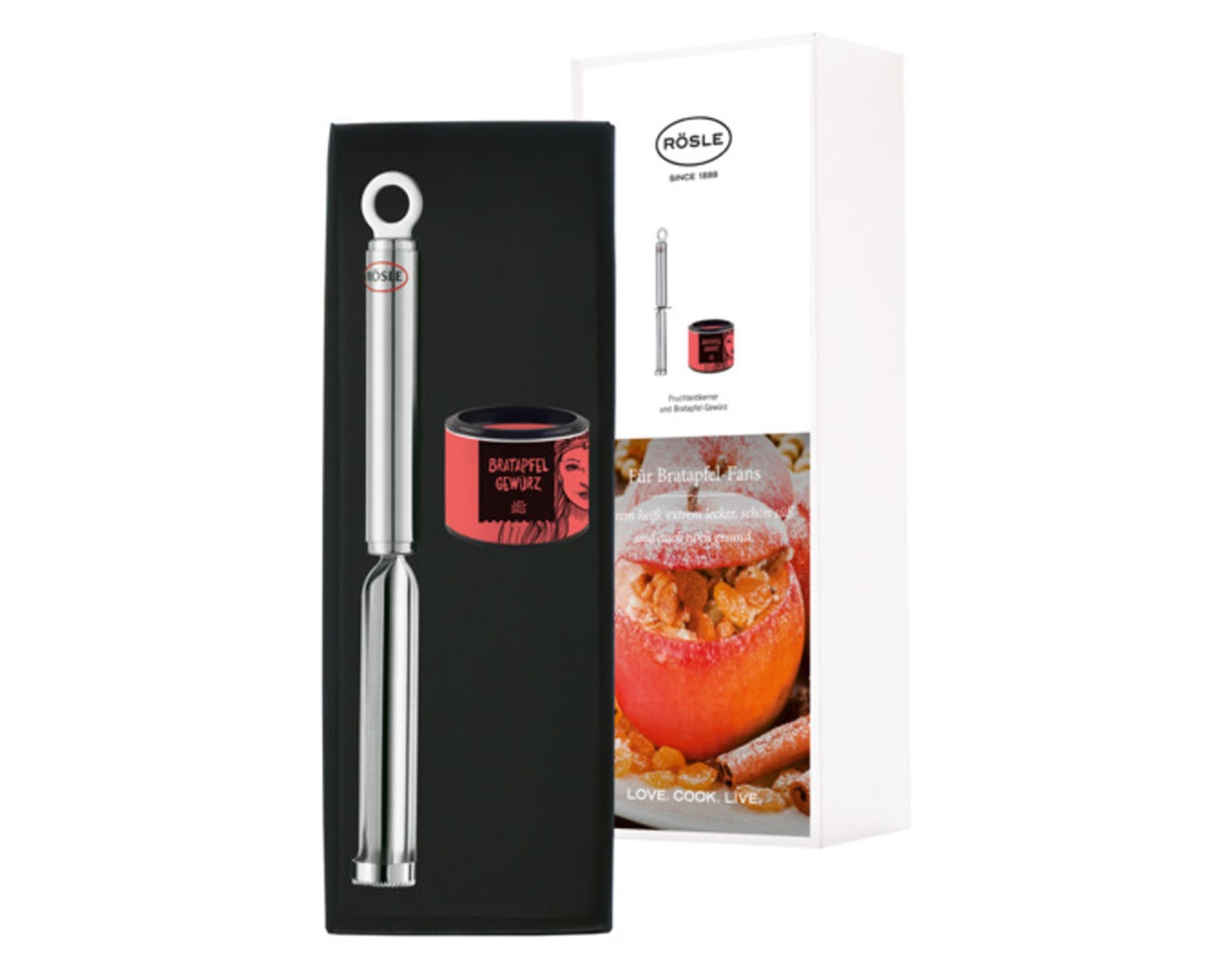 Der RÖSLE Fruchtentkerner aus Edelstahl (ø 2x22.5 cm) ist spülmaschinenfest, ergonomisch und ideal für Obstsalate und Desserts.