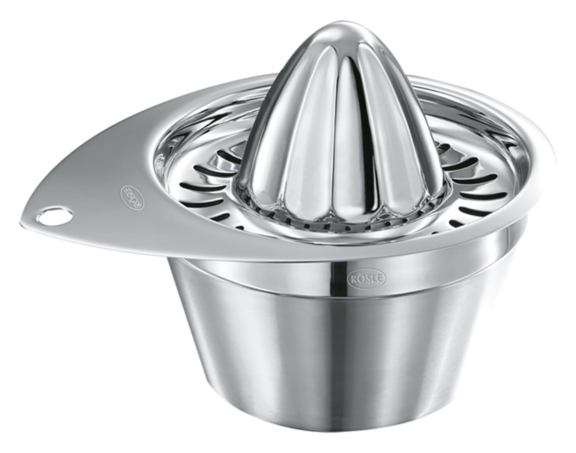 RÖSLE Zitruspresse: 0,5 l, ø 18 cm, Edelstahl. Perfekt für Orangen, Zitronen, Limetten. Langlebig, pflegeleicht, effizient. Frische Säfte geniessen!