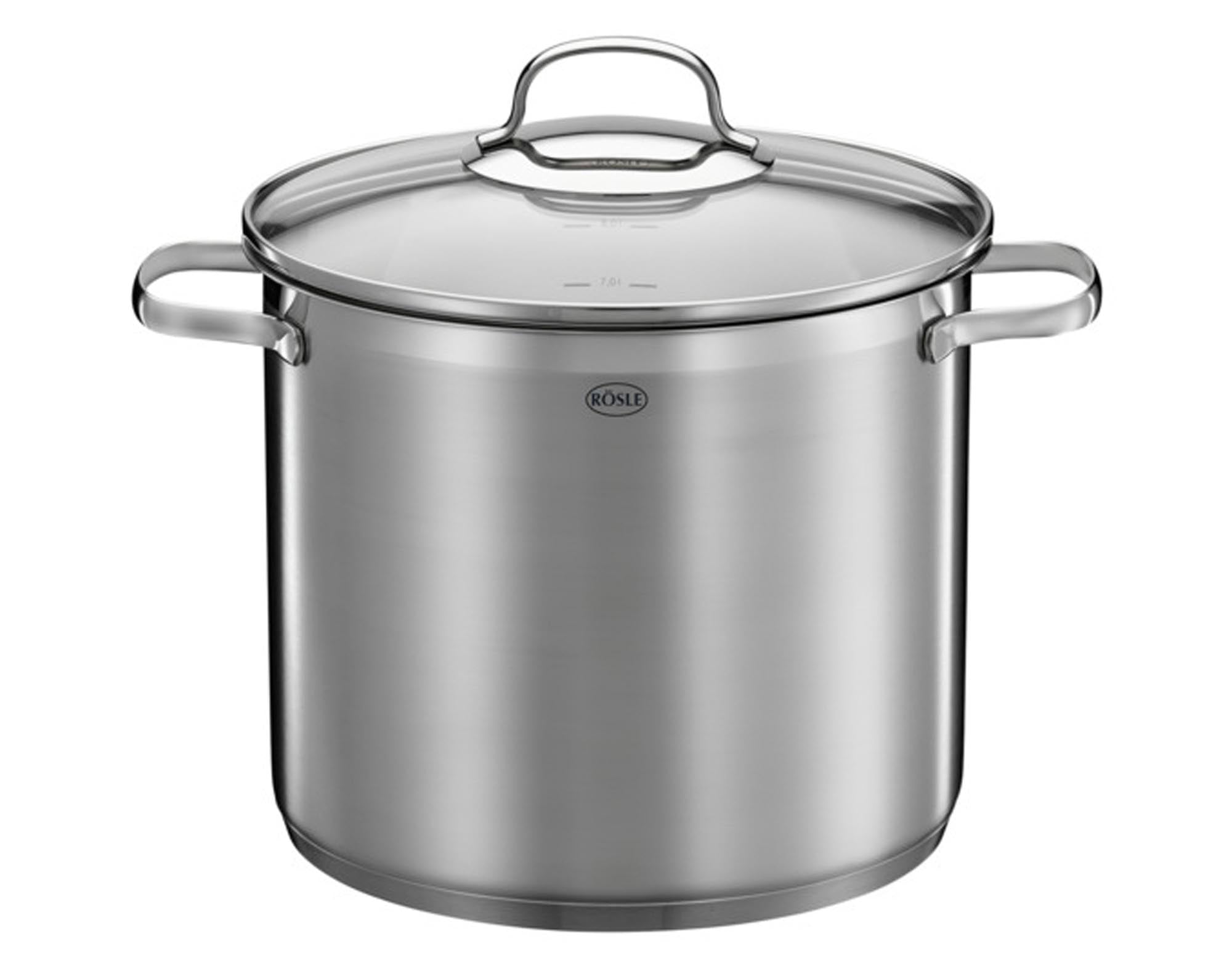 Entdecken Sie den RÖSLE Partytopf mit Deckel Elegance (8 l, 24 cm) – ideal für große Mengen, aus hochwertigem Edelstahl, perfekt für Grillpartys und Buffets.