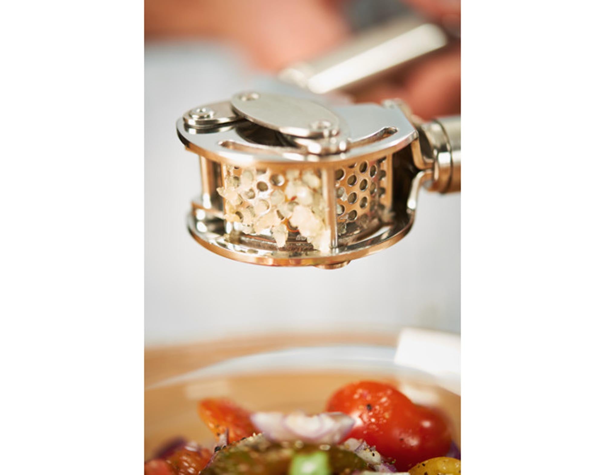 RÖSLE Knoblauchpresse: 32 cm, ergonomisch, Edelstahl, mit Abstreifer. Müheloses Pressen, einfache Reinigung, stilvolles Küchenaccessoire.