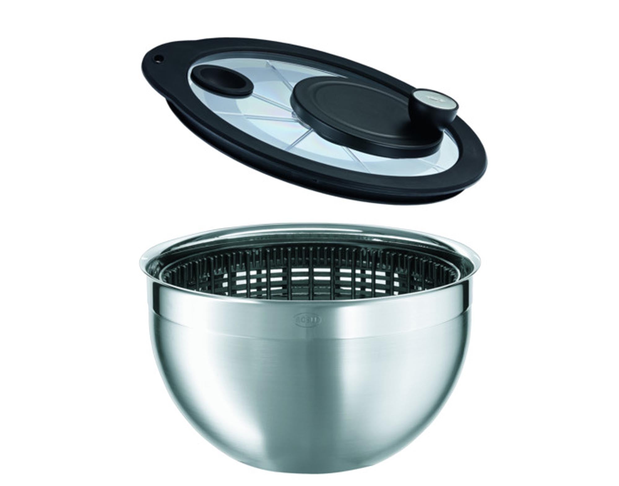 Entdecken Sie die RÖSLE Salatschleuder mit Glasdeckel (5.4 l) – ideal für frische, knackige Salate. Hochwertiger Edelstahl, ergonomisch und platzsparend!