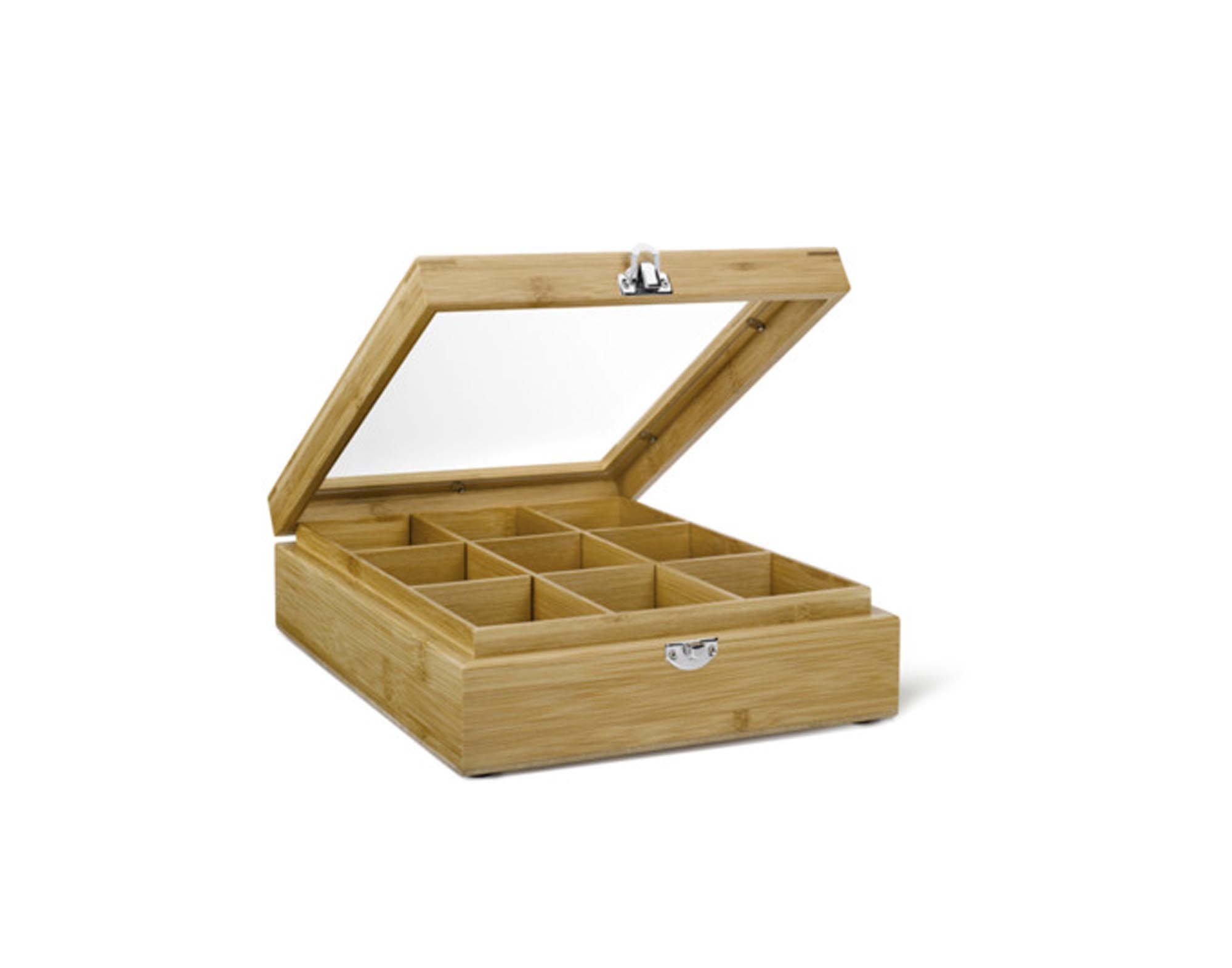 Elegante Teebox aus Bambus mit 9 Fächern, ideal für Teeliebhaber. Stilvoll, robust und umweltfreundlich. Perfekt für Ordnung und Frische.