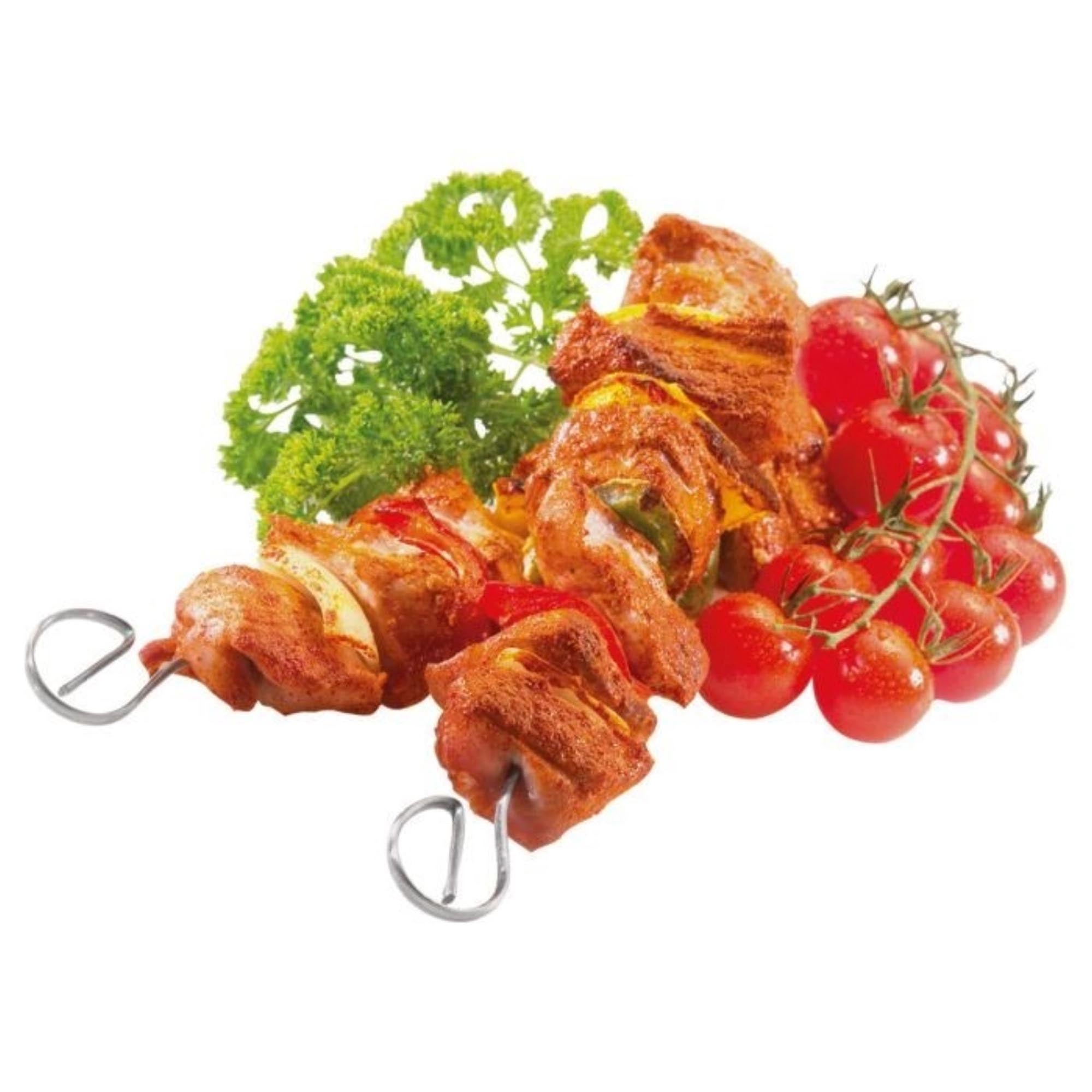 Set aus 4 robusten Edelstahl-Schaschlikspiessen, 21 cm lang, ideal für Grillgerichte, langlebig, pflegeleicht und vielseitig einsetzbar.