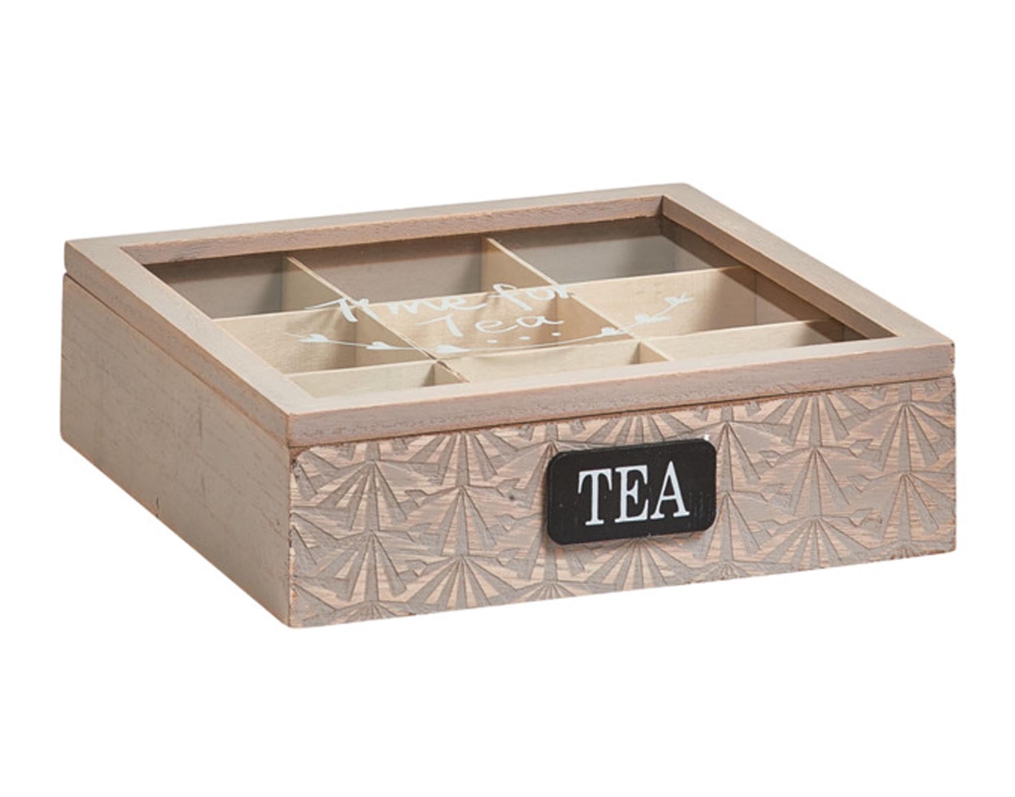 Entdecken Sie die ZELLER Teebeutelbox aus Holz mit 9 Einteilungen (24x24x7 cm) für stilvolle und praktische Teelagerung in Ihrer Küche.