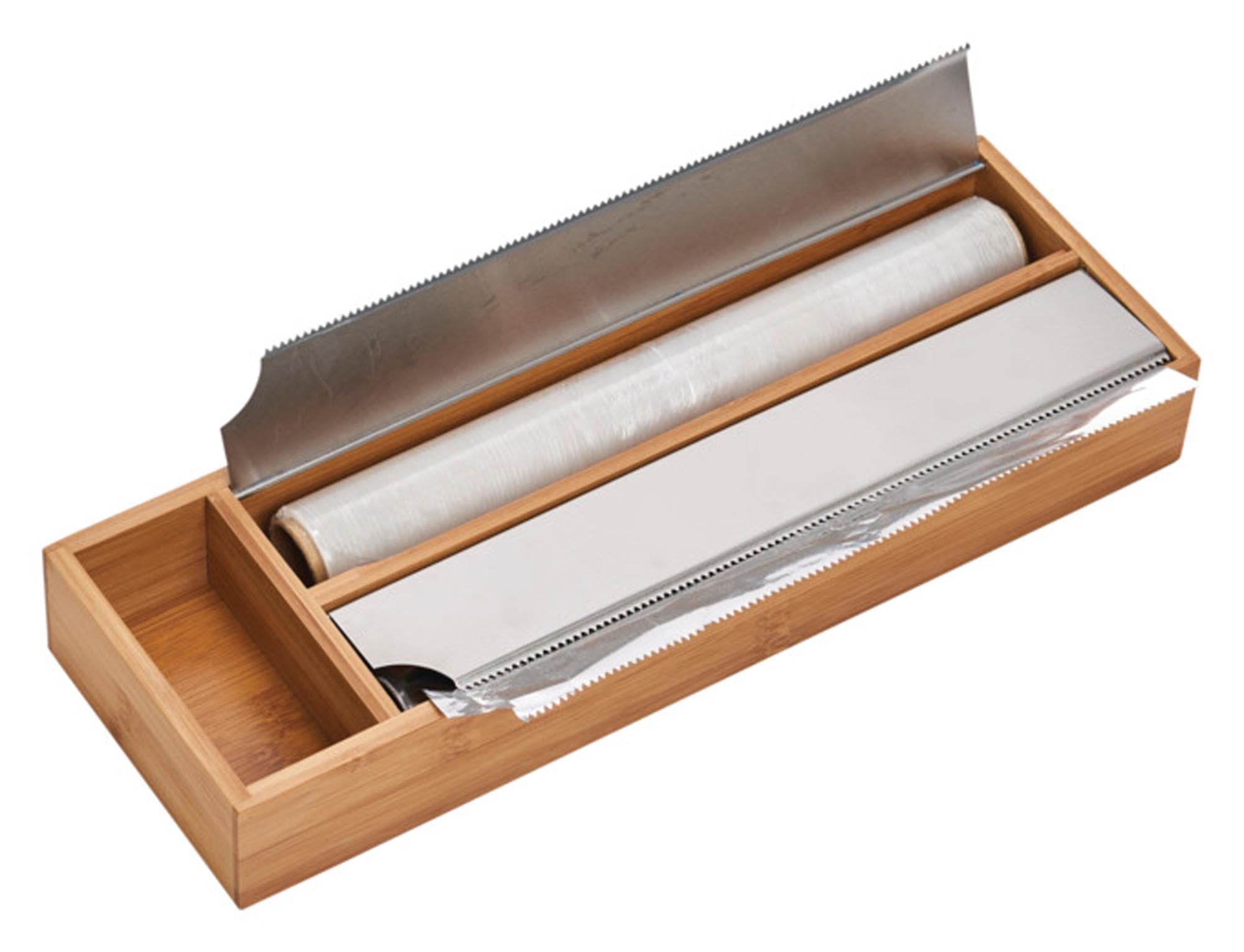 Eleganter Folienhalter aus hochwertigem Bambus, 39.5x13x5.4 cm. Ideal für die ordentliche Aufbewahrung von Folienrollen. Pflegeleicht und stabil.