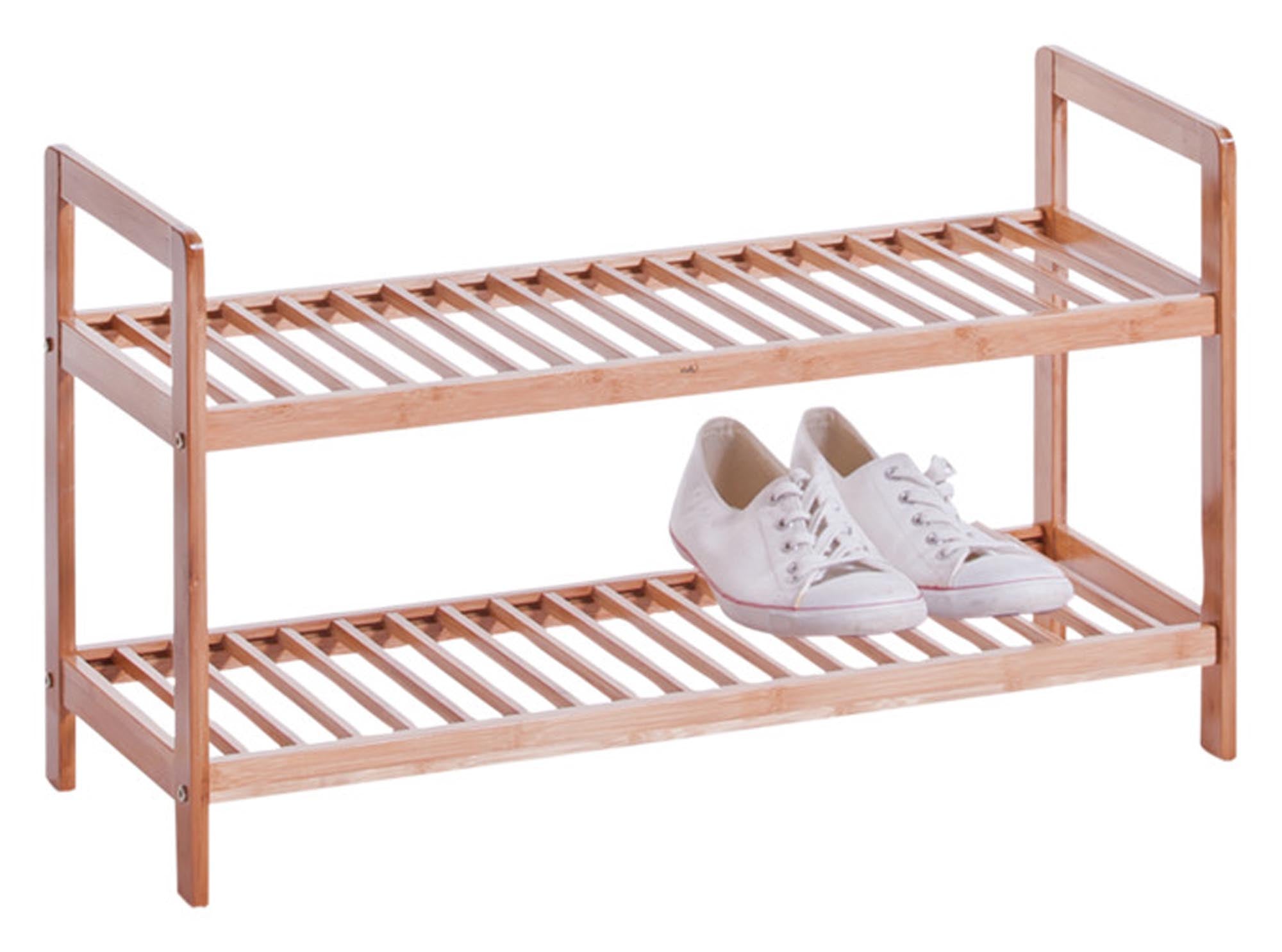 Stilvolles Schuhregal aus nachhaltigem Bambus, 70x26x40 cm, mit 2 Ablagen für ordentliche Schuhaufbewahrung.