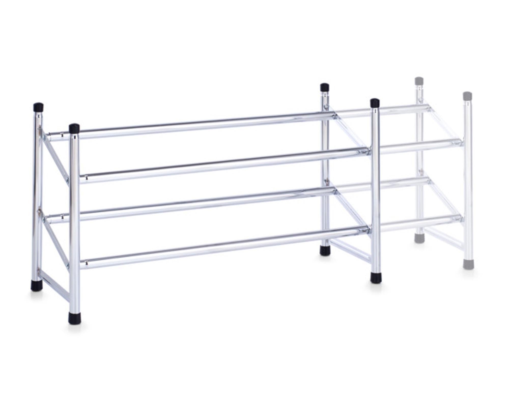 Entdecken Sie das ZELLER Schuhregal aus verchromtem Metall, ausziehbar von 64-117 cm. Ideal für 6-12 Paar Schuhe, modern und pflegeleicht.