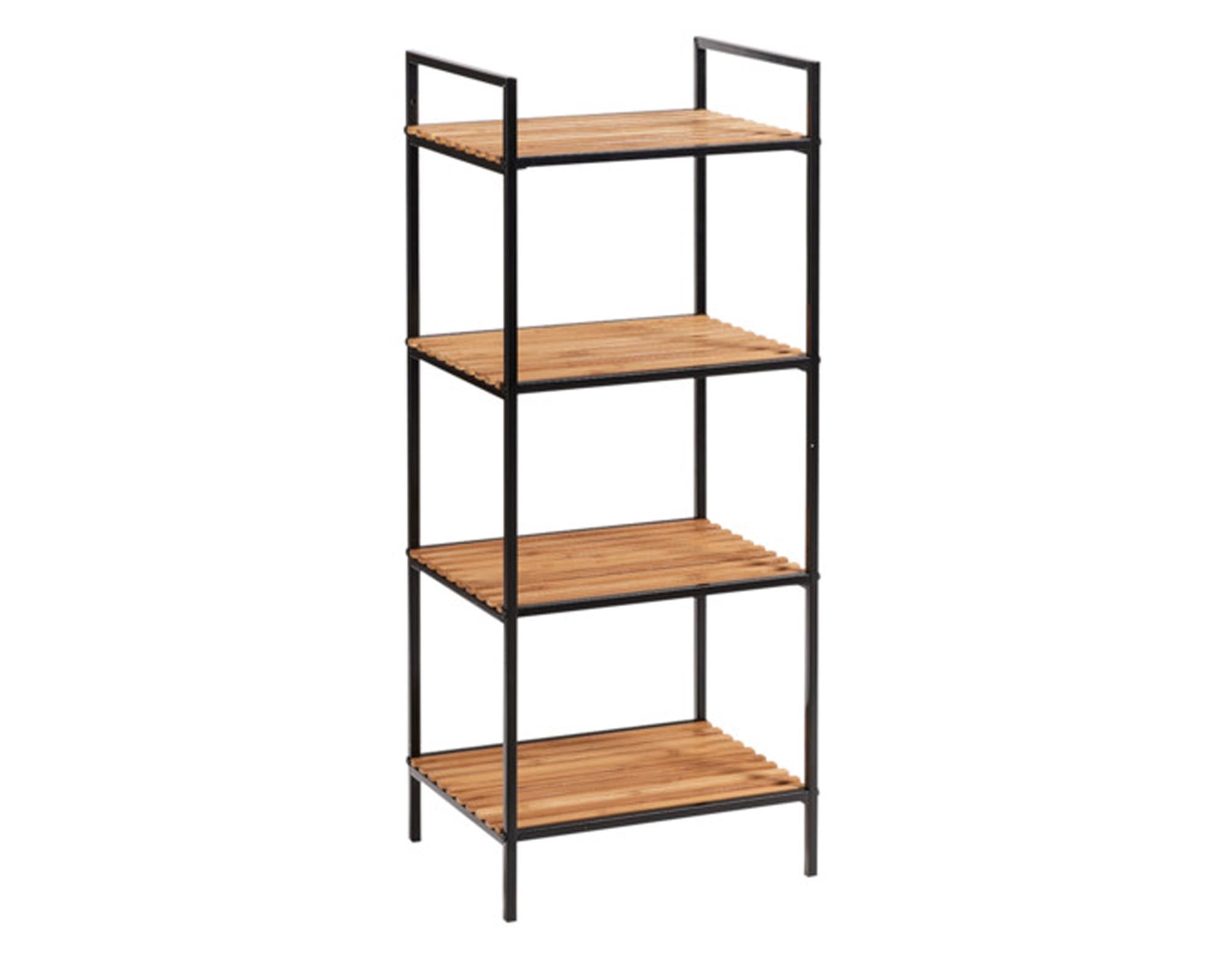 Entdecken Sie das ZELLER Standregal mit 4 Ablagen aus Bambus und Metall in Schwarz. Ideal für kleine Räume, bietet es Stil und Funktionalität.