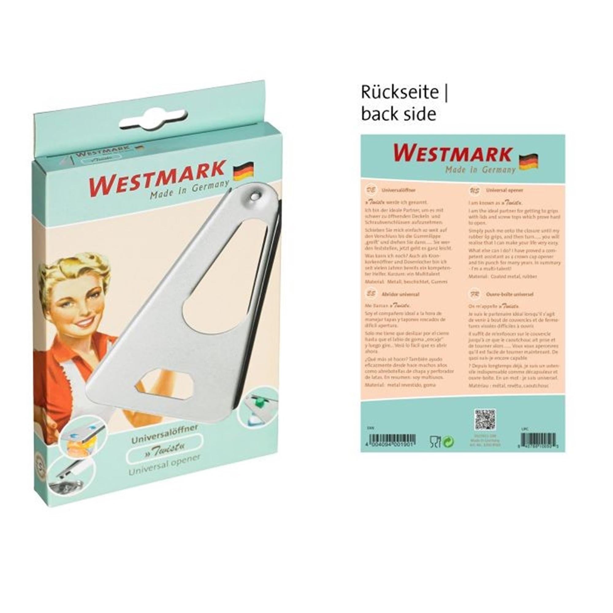 Praktischer Retro Universalöffner 6-in-1 von Westmark, 17x10x1.5cm, ideal für Flaschen, Dosen und Gläser, vielseitig und robust.