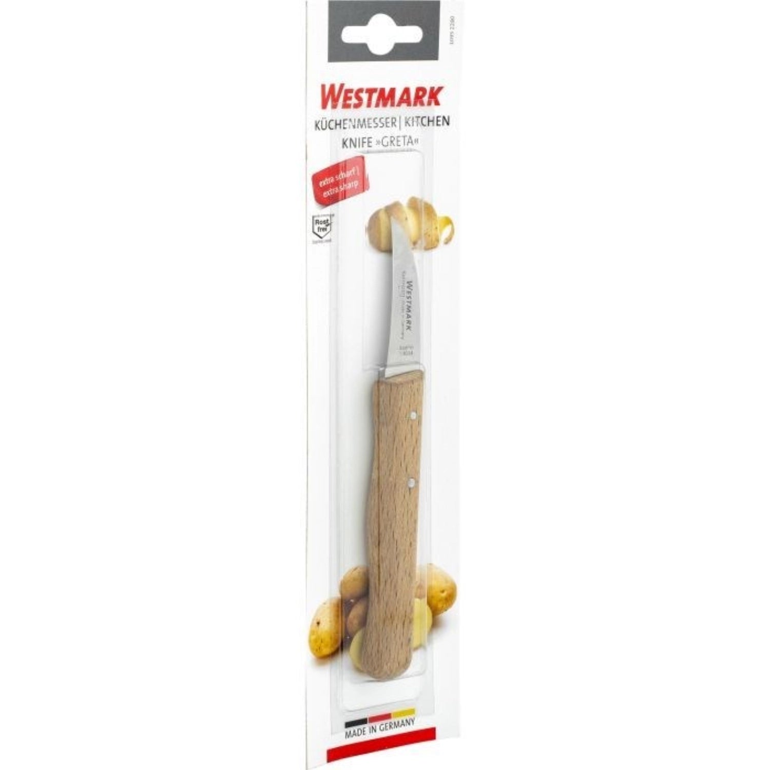 Schälmesser Greta von Westmark mit ergonomischem Design und gebogener Klinge, ideal für müheloses Schälen von Obst und Gemüse.