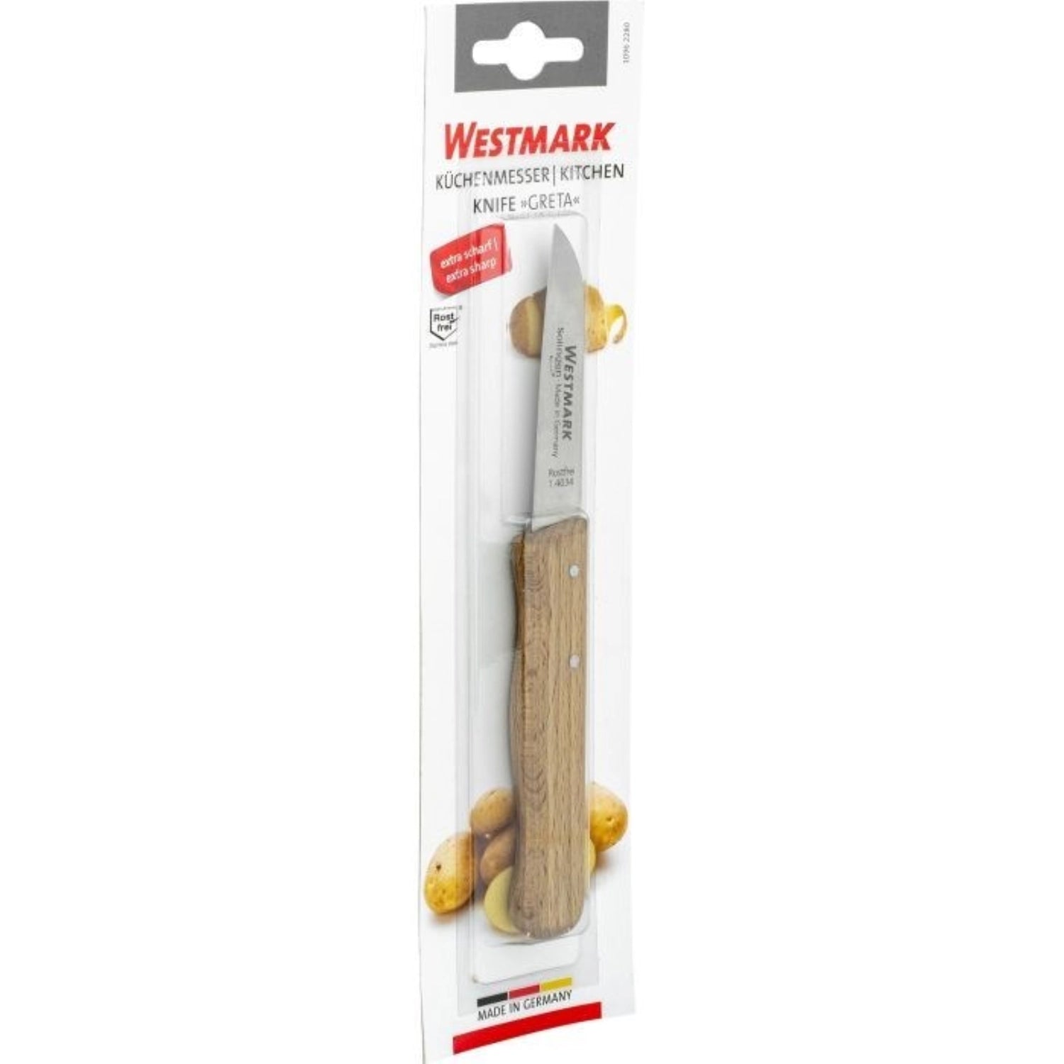 Schälmesser Greta von Westmark mit gerader Klinge, ideal für schnelles und präzises Schälen von Obst und Gemüse, ausgestattet mit ergonomischem Griff.