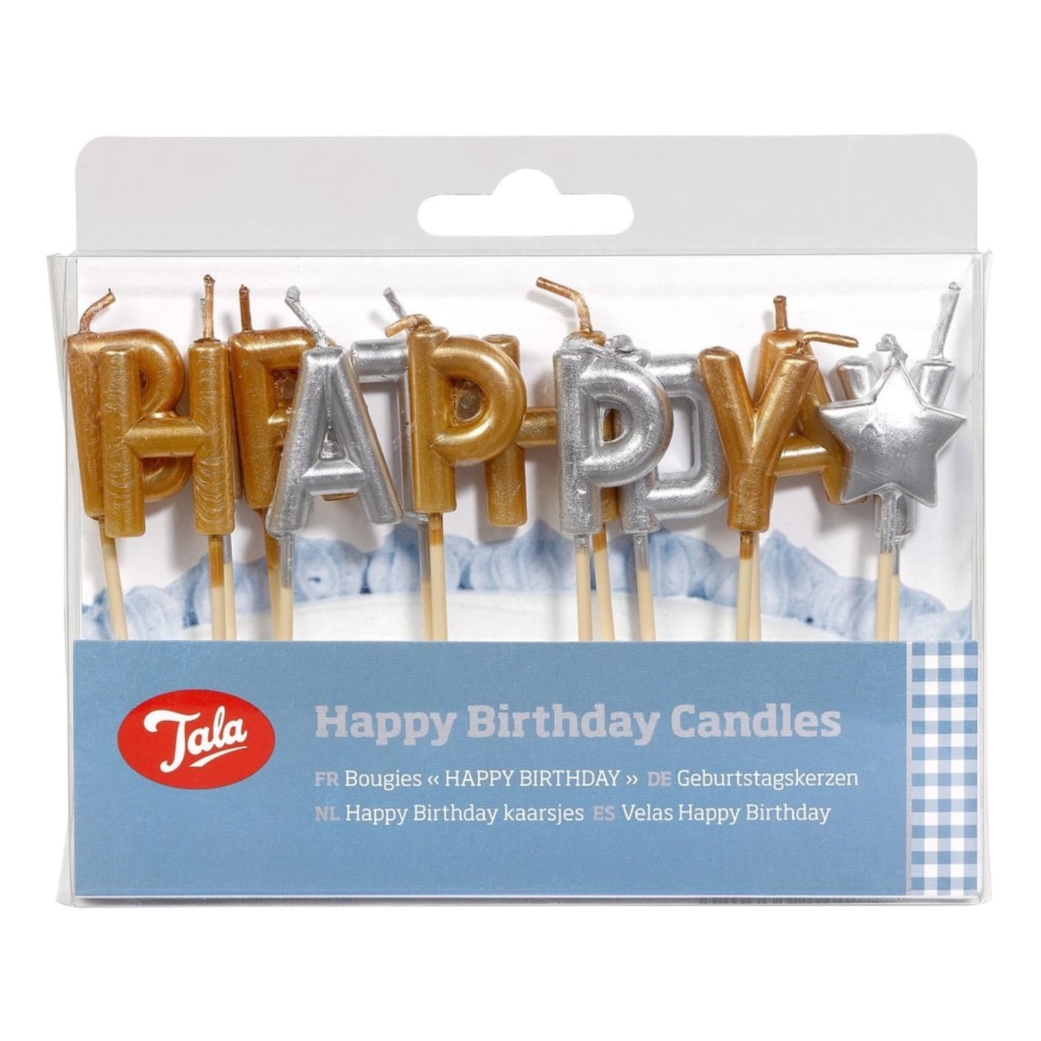 Happy Birthday candles in gold and silver