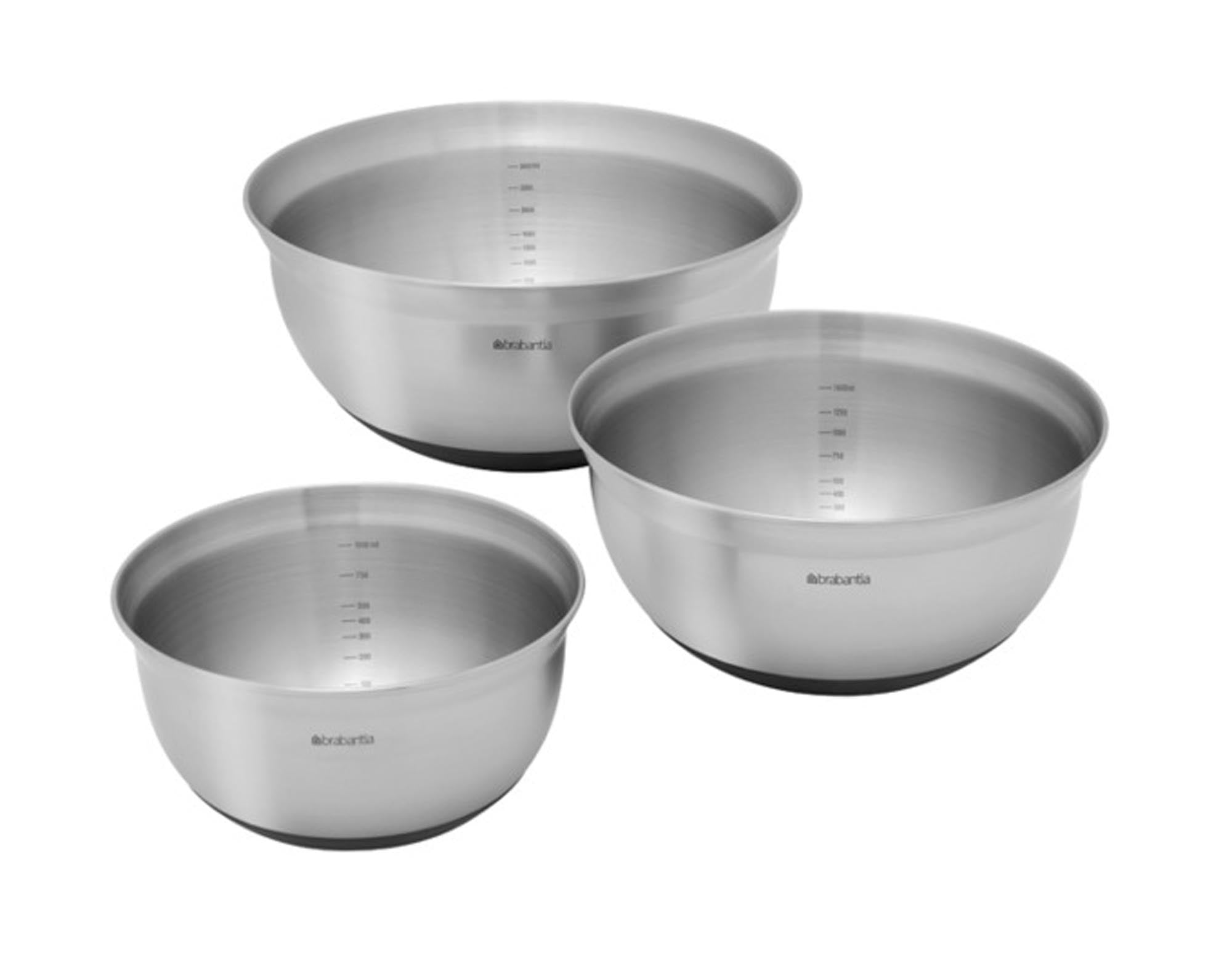 Entdecken Sie das BRABANTIA Schüssel Set Profile 3-teilig aus hochwertigem Edelstahl. Stapelbar, rutschfest und spülmaschinenfest – ideal für jede moderne Küche!
