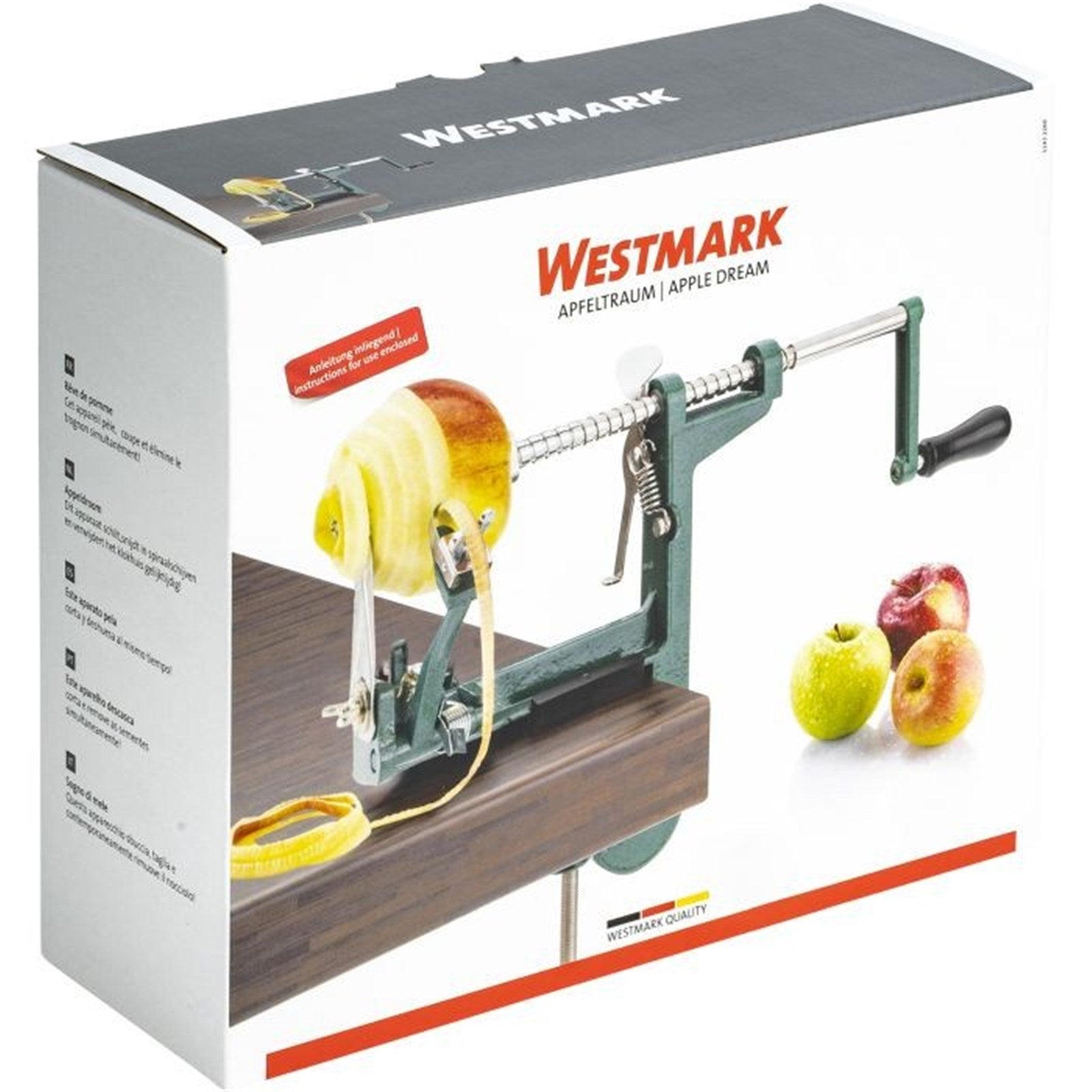 Praktische Apfelschälmaschine von Westmark, ideal zum Schälen, Entkernen und Schneiden, mit robuster Schraubzwinge für festen Halt.