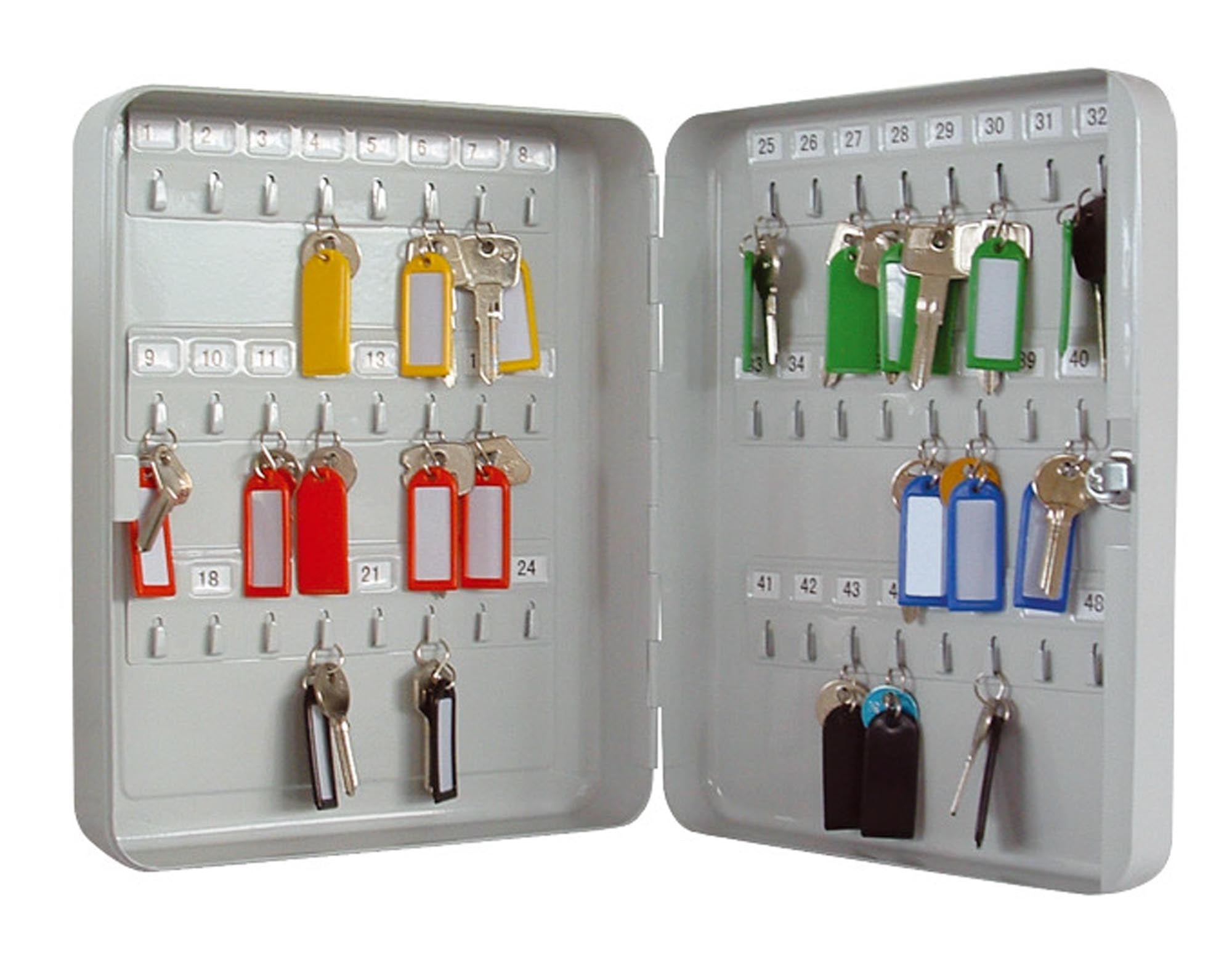 Der Schlüsselkasten VT-SK 48 Haken von RIEFFEL bietet Platz für 48 Schlüssel, ist aus pulverbeschichtetem Stahl und sorgt für Sicherheit und Ordnung.