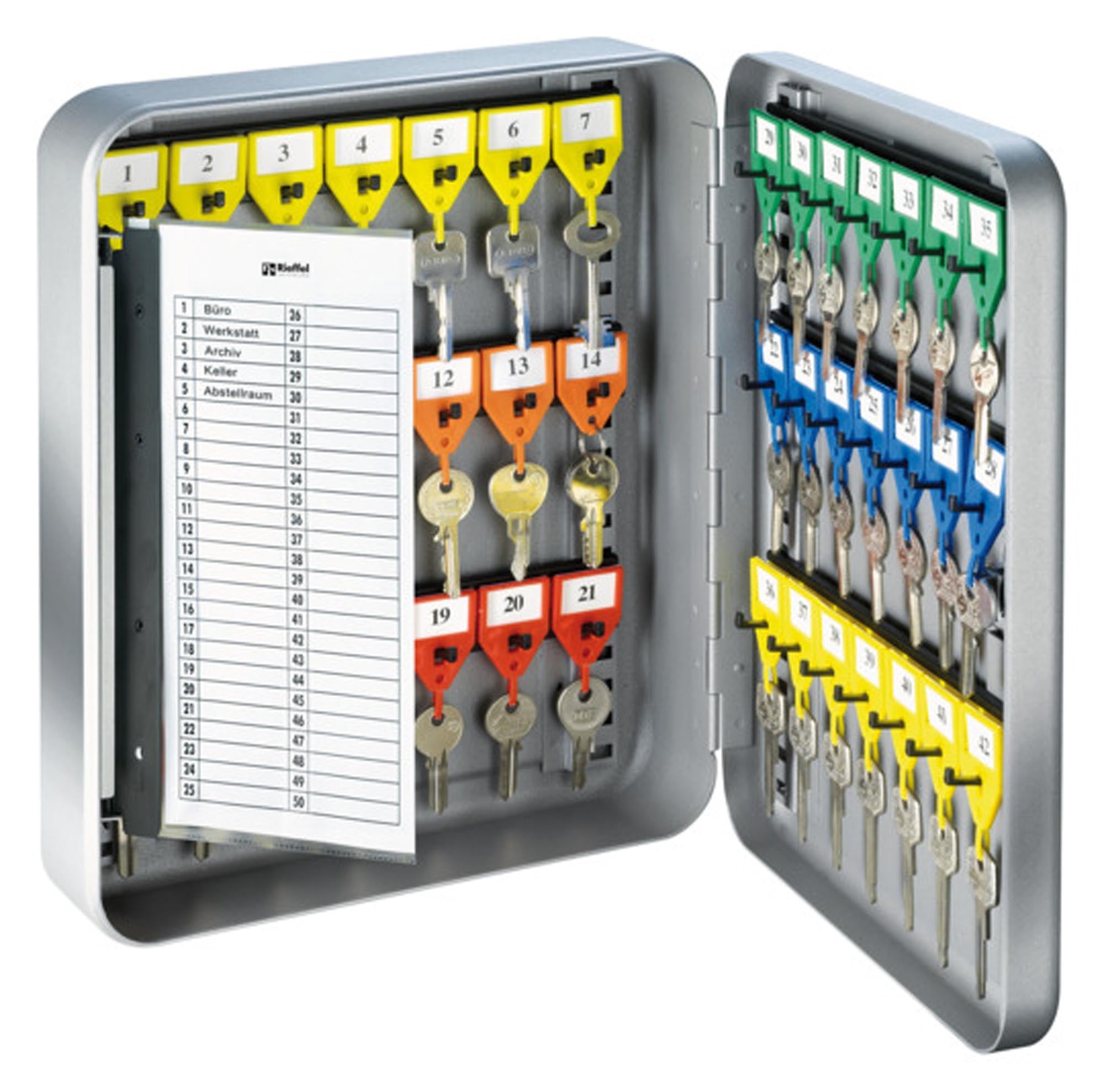 Robuster RIEFFEL KR-15 Schlüsselschrank: 42 Haken, pulverbeschichteter Stahl, Türschloss, ideal für Büro & Zuhause.