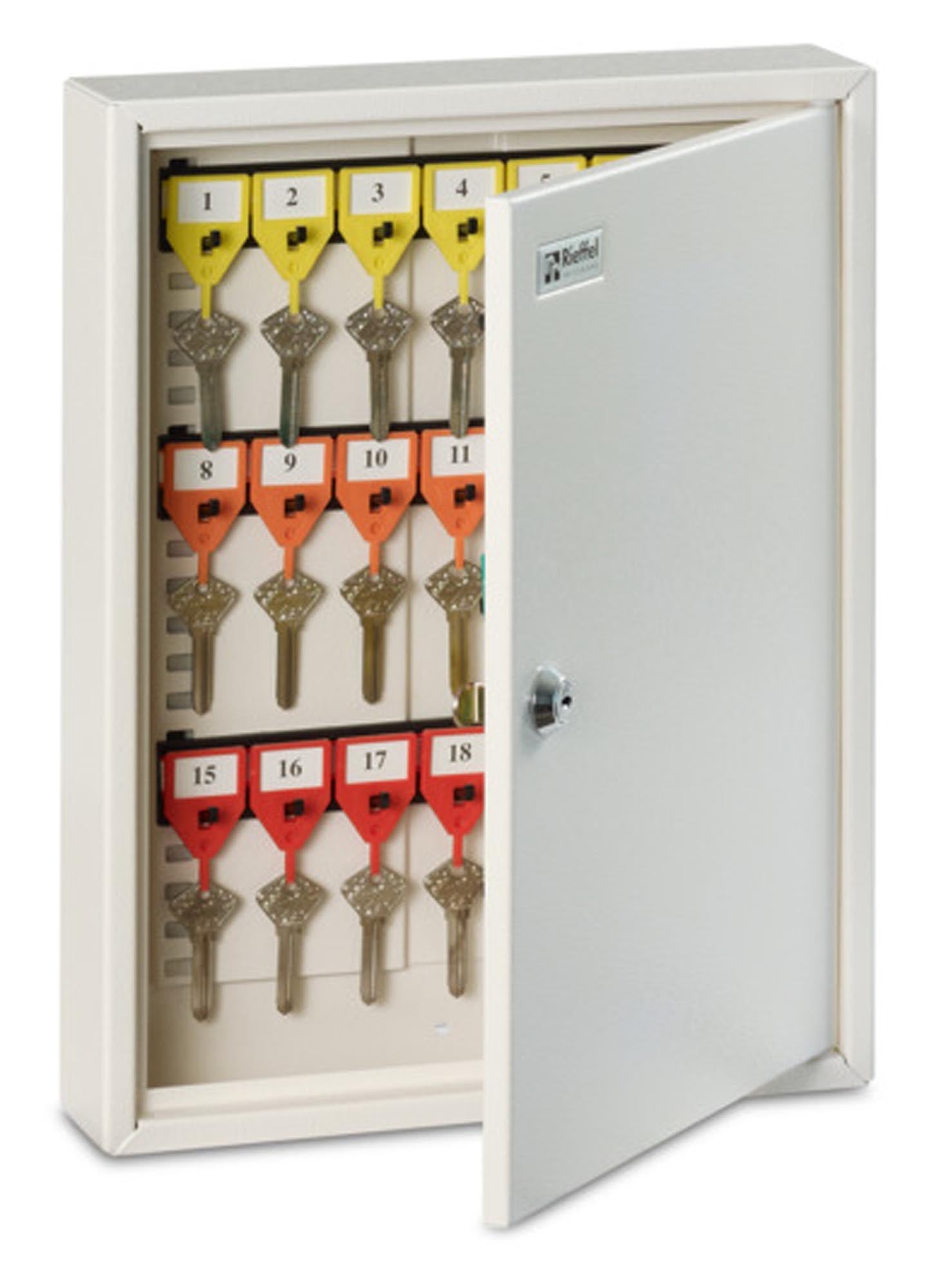 Entdecken Sie den Schlüsselschrank KR-21 von RIEFFEL mit 21 Haken für sichere Schlüsselaufbewahrung in Büros, Werkstätten und Schulen.