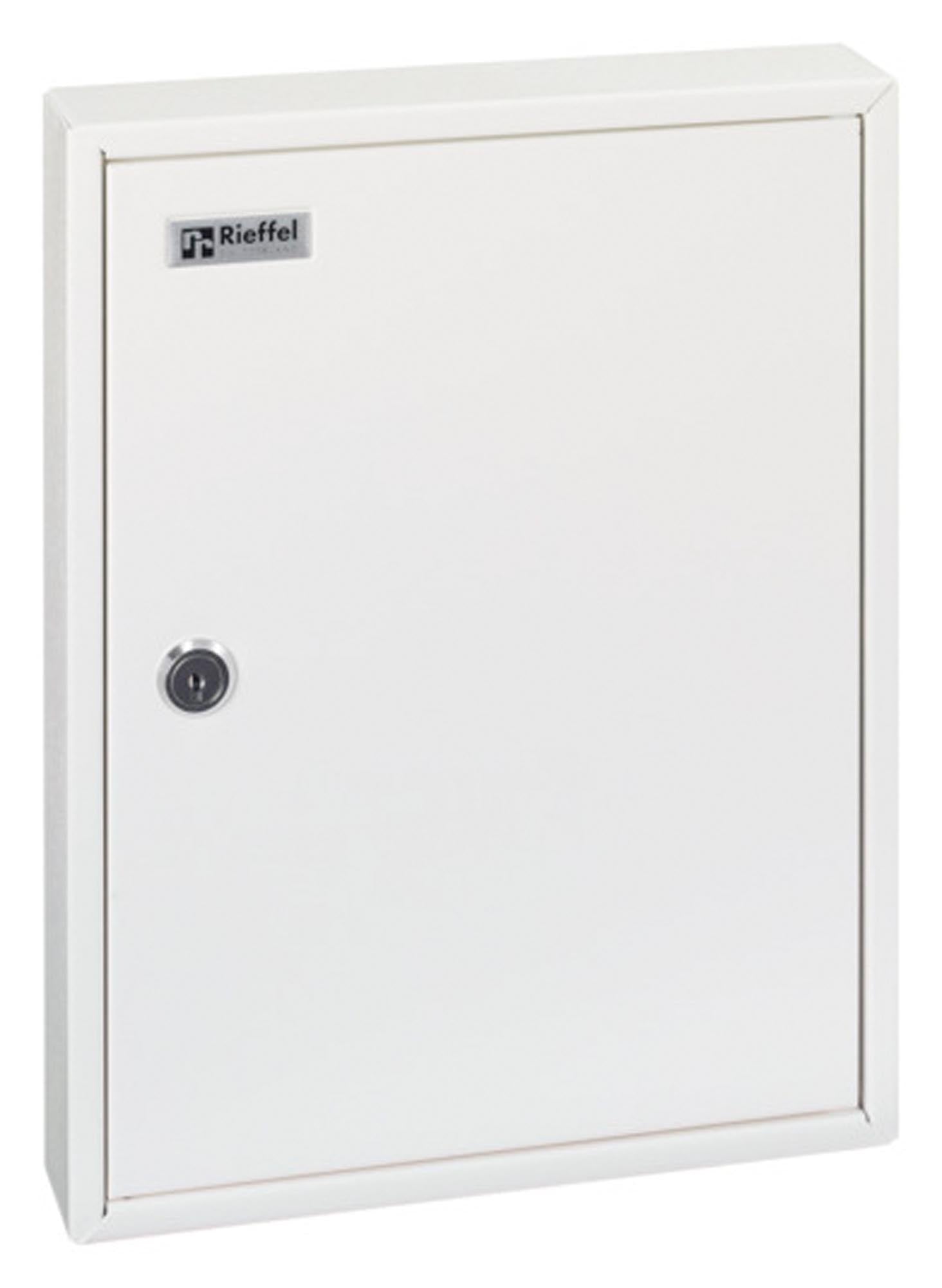 Sicherer Schlüsselschrank KR-21 von RIEFFEL mit 42 Haken, robustem Stahlblech, Zahlenschloss und praktischer Sichtscheibe für optimale Schlüsselorganisation.