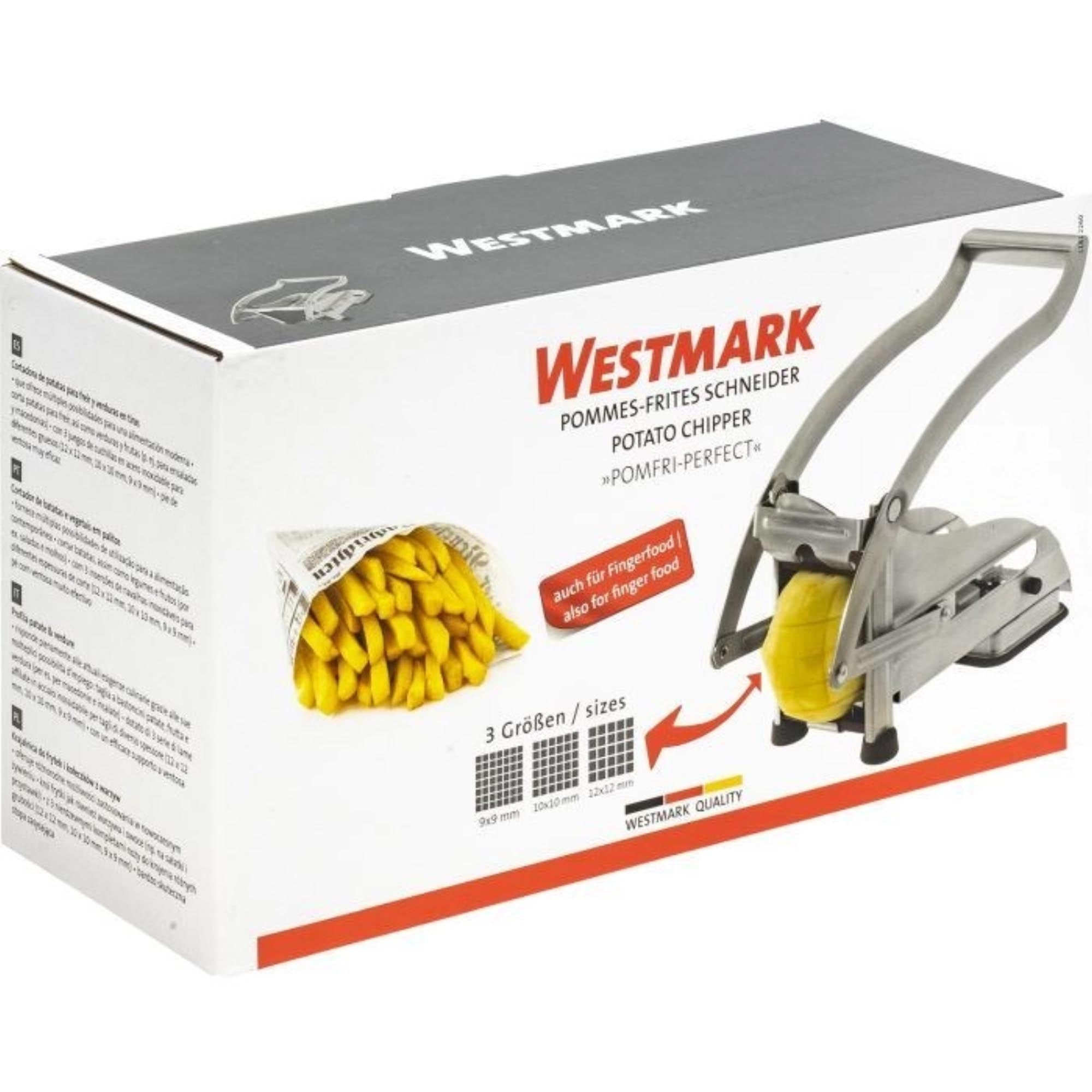 Der Westmark Pomfri-Perfekt Pommesschneider (25x10x13cm) schneidet Kartoffeln präzise in gleichmässige Pommes, ideal für die Küche.