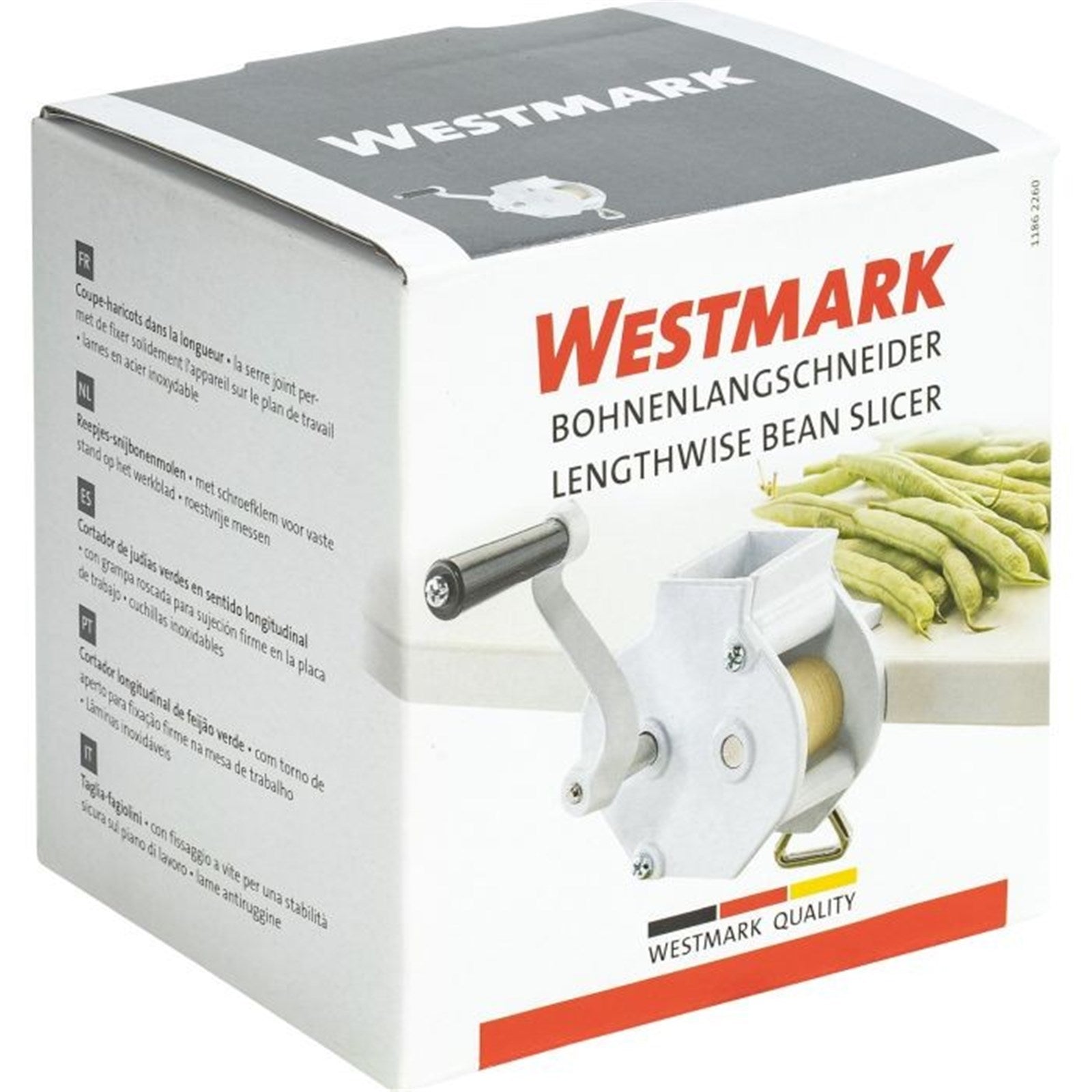 Effizienter Bohnenlangschneider von Westmark, 13x15x9cm, für gleichmässige Streifen und einfache Bohnenzubereitung.