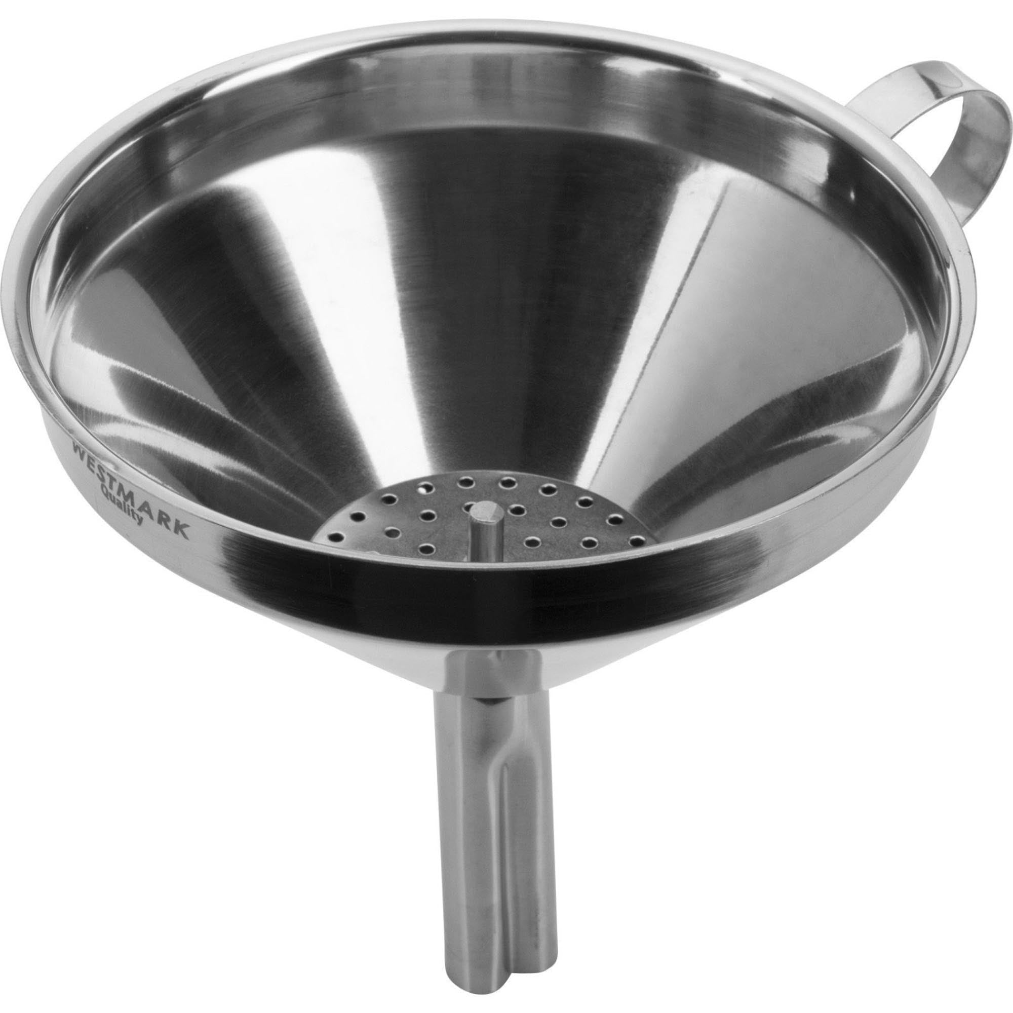 Hochwertiger Flaschentrichter mit Sieb von Westmark, perfekt für sauberes Abfüllen, oben Ø 12 cm, unten Ø 1-1,3 cm, robust und praktisch.
