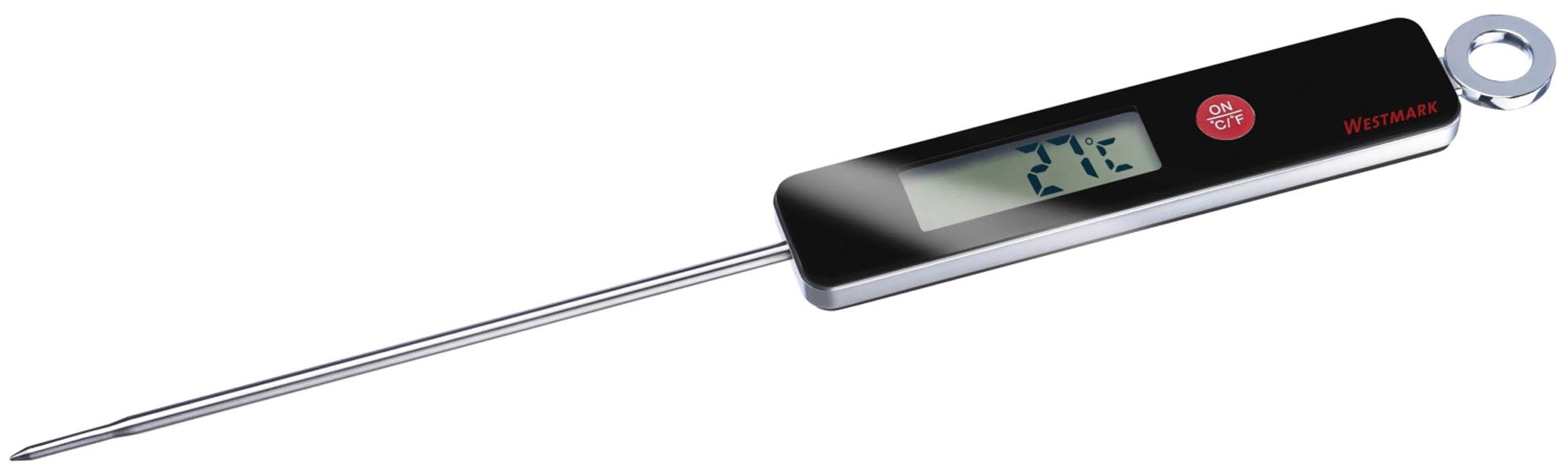Das Westmark Universal Einstichthermometer aus robustem Edelstahl garantiert präzise Kerntemperaturmessung für Fleisch, Fisch und Geflügel. Ideal für Grillen, Braten und Backen.