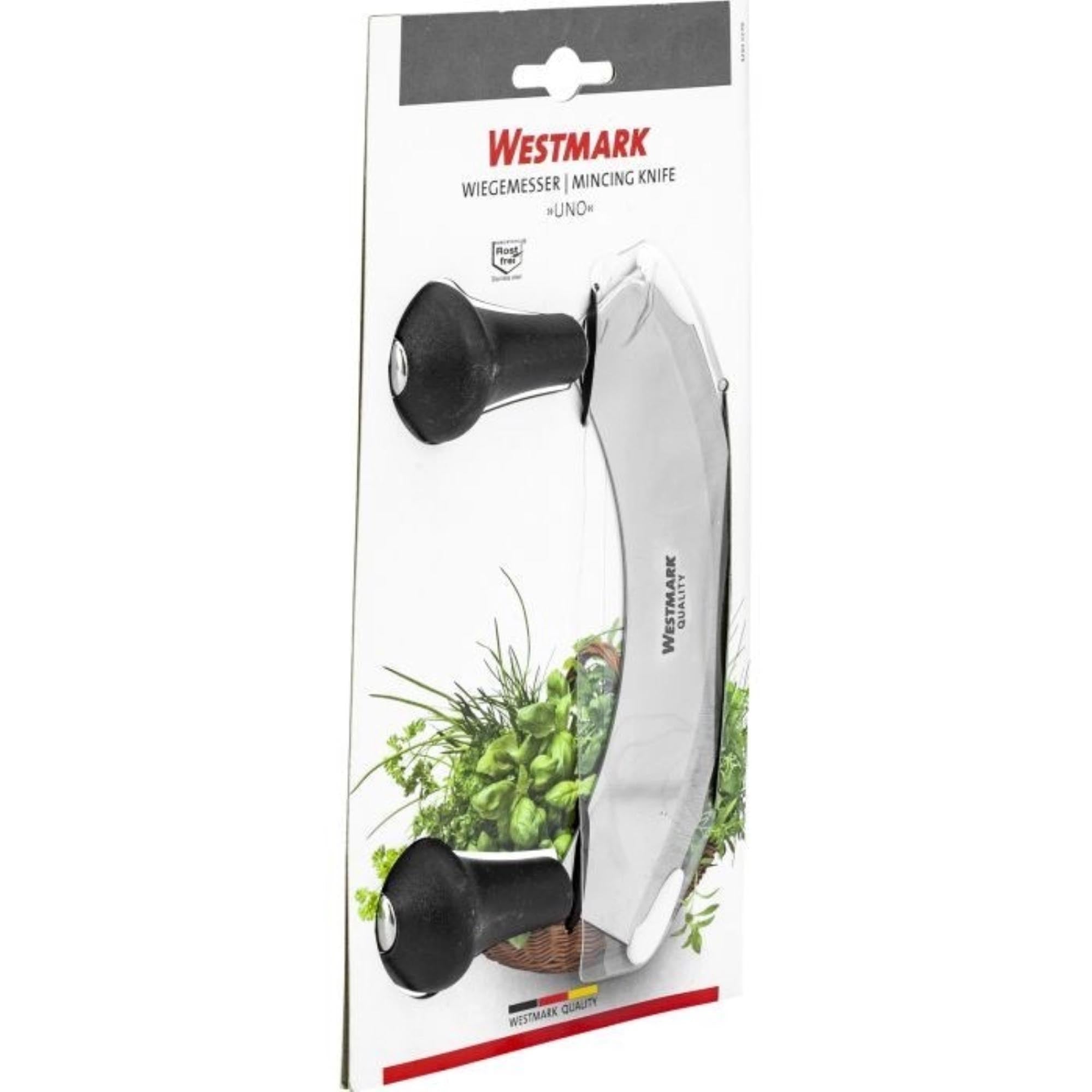 Das Wiegemesser Uno von Westmark, perfekt für Kräuter und Gemüse, kompakt und ergonomisch, Masse: 17.5x4x12cm.