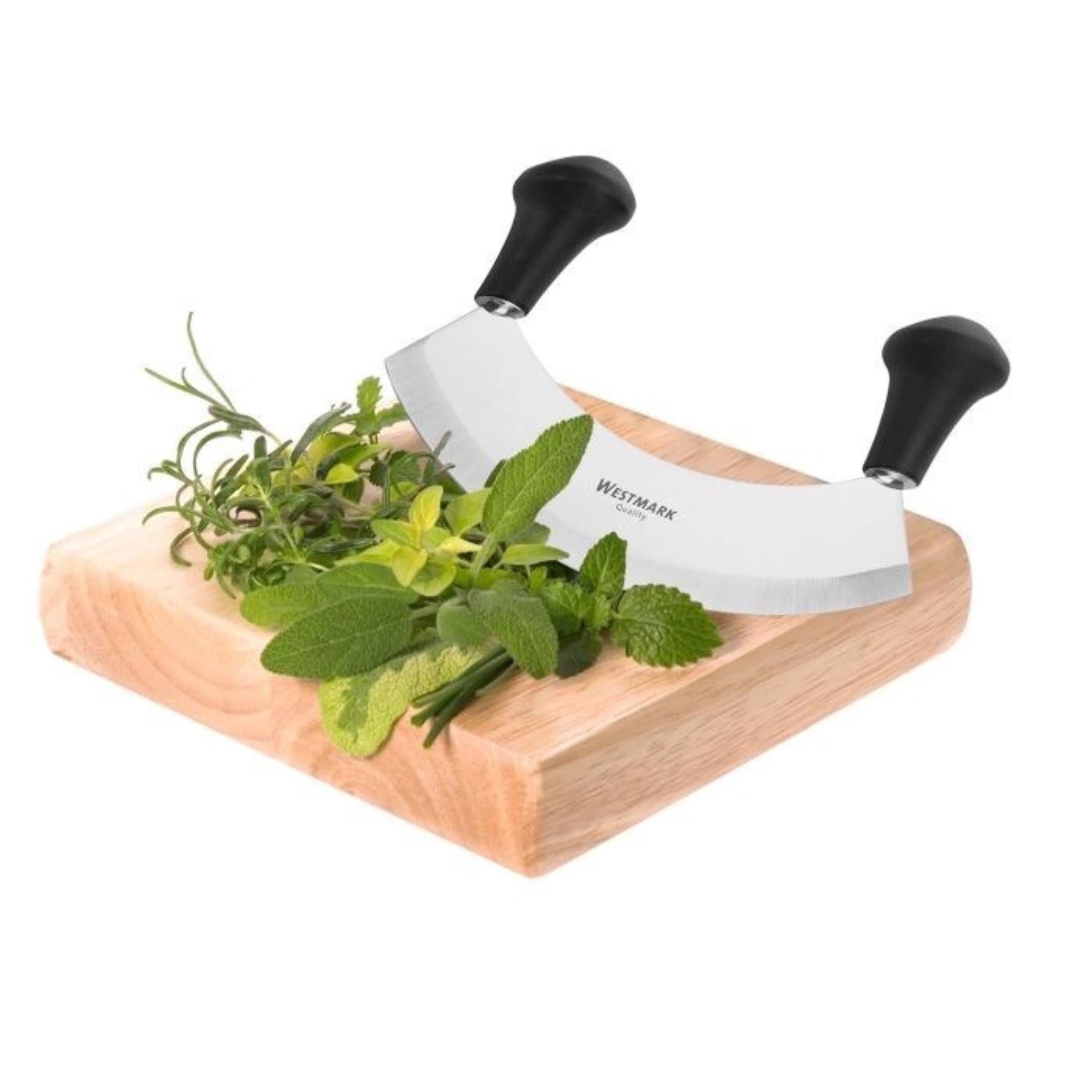 Das Westmark Wiegemesser Uno, ideal für Kräuter und Gemüse, kompakt und handlich, Masse: 17.5x4x12cm, ergonomisches Design.