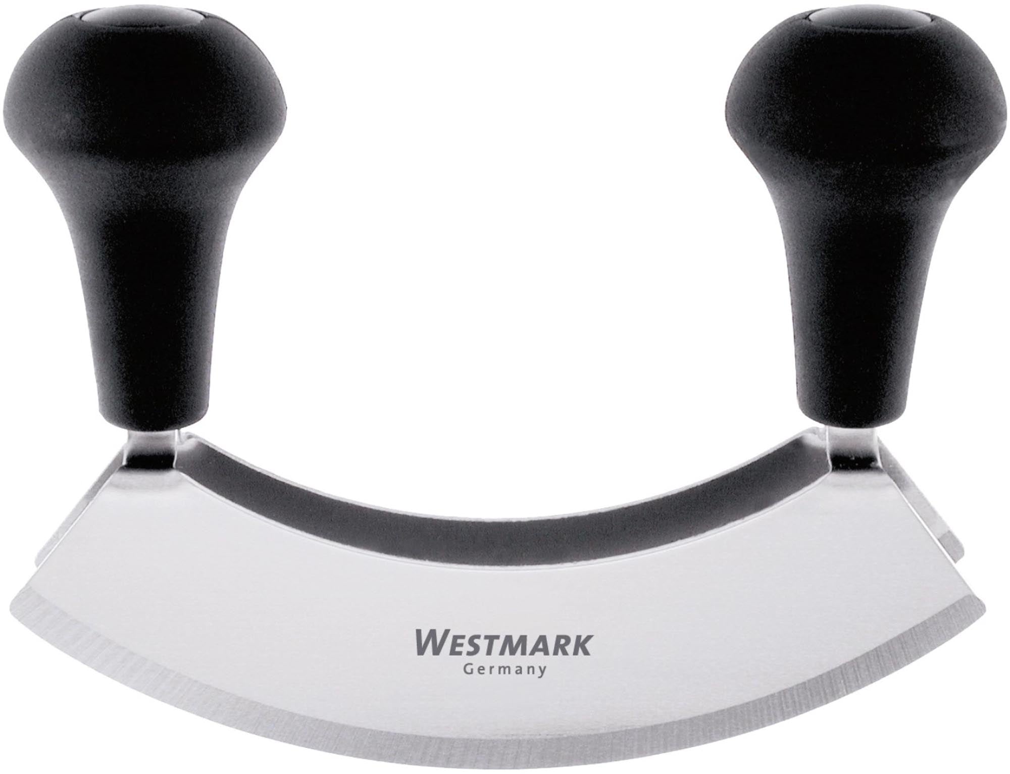 Entdecken Sie das Westmark Wiegemesser Duo mit 2 hochwertigen Edelstahlklingen. Ideal zum Zerkleinern von Kräutern und Gemüse in Ihrer modernen Küche.