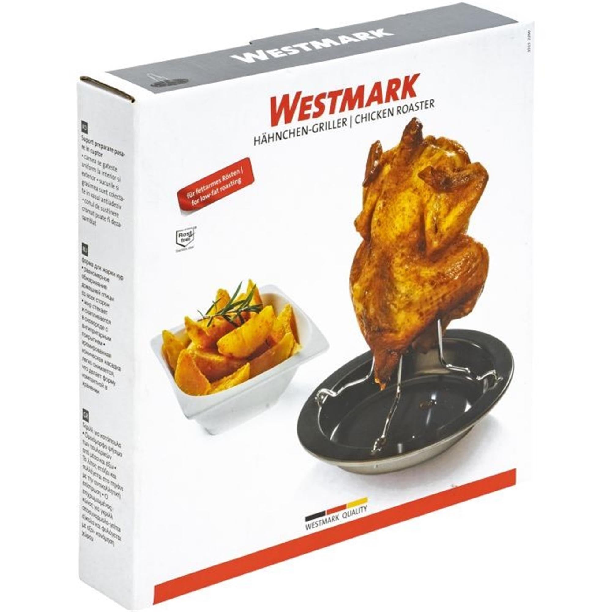 Praktischer Hähnchengriller von Westmark, 21x21x21 cm, für gleichmäßiges Grillen und knusprige Haut, ideal für Grillliebhaber.