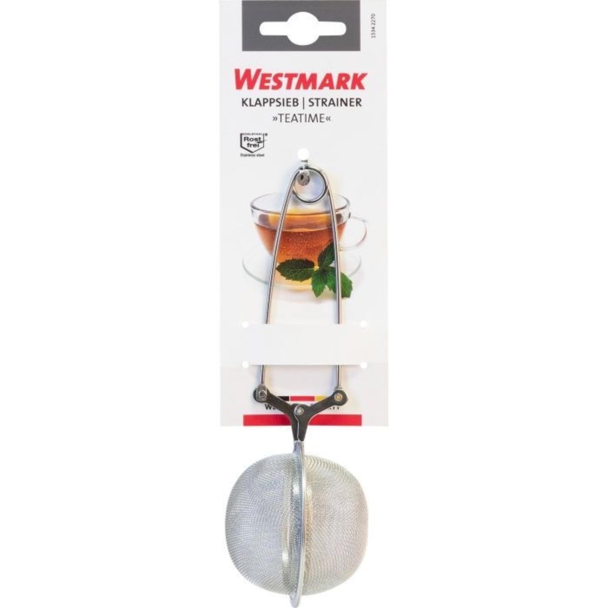 Kompaktes Klappsieb aus Edelstahl von Westmark, ideal für die Küche, platzsparend und vielseitig, Masse: 17x6.5x5cm.