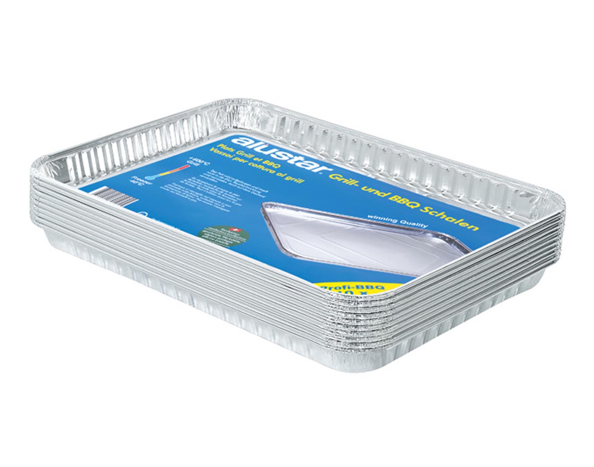 Entdecken Sie die ALUSTAR Grillschale 27 x 19 cm im 10er Set – ideal für Gemüse, Fisch und Fleisch. Perfekte Hitzeverteilung und einfache Reinigung!