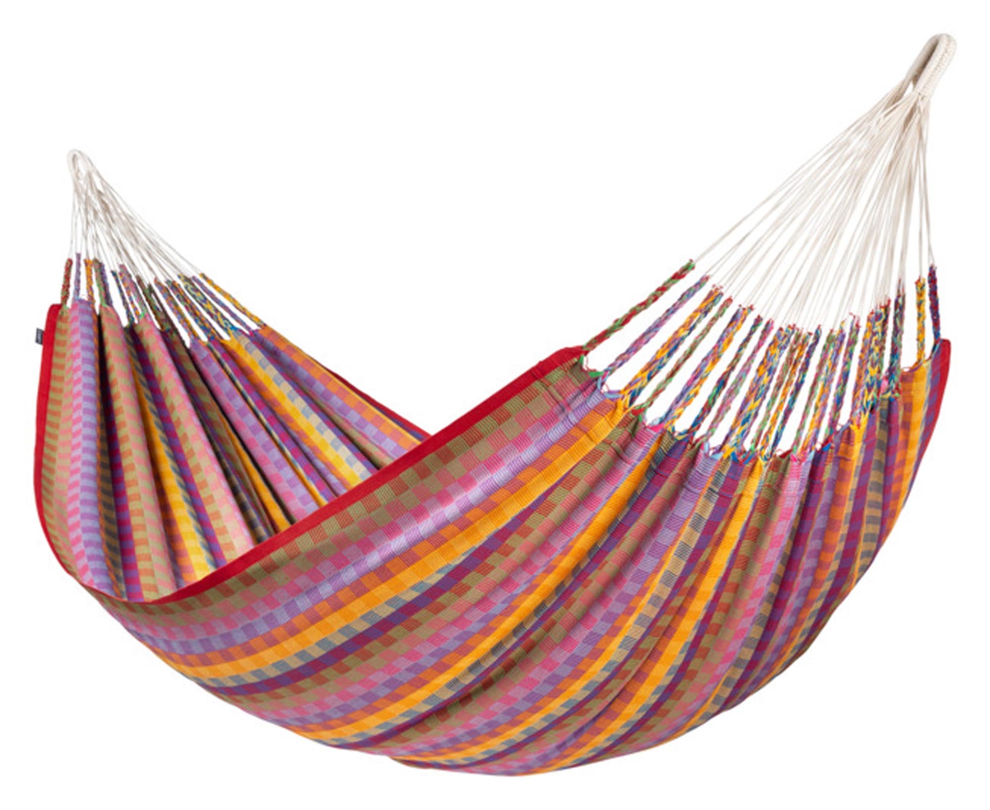 Entspannen Sie in der 180x400 cm grossen Flora Hängematte von LA SIESTA aus atmungsaktiver Baumwolle mit floralen Motiven.