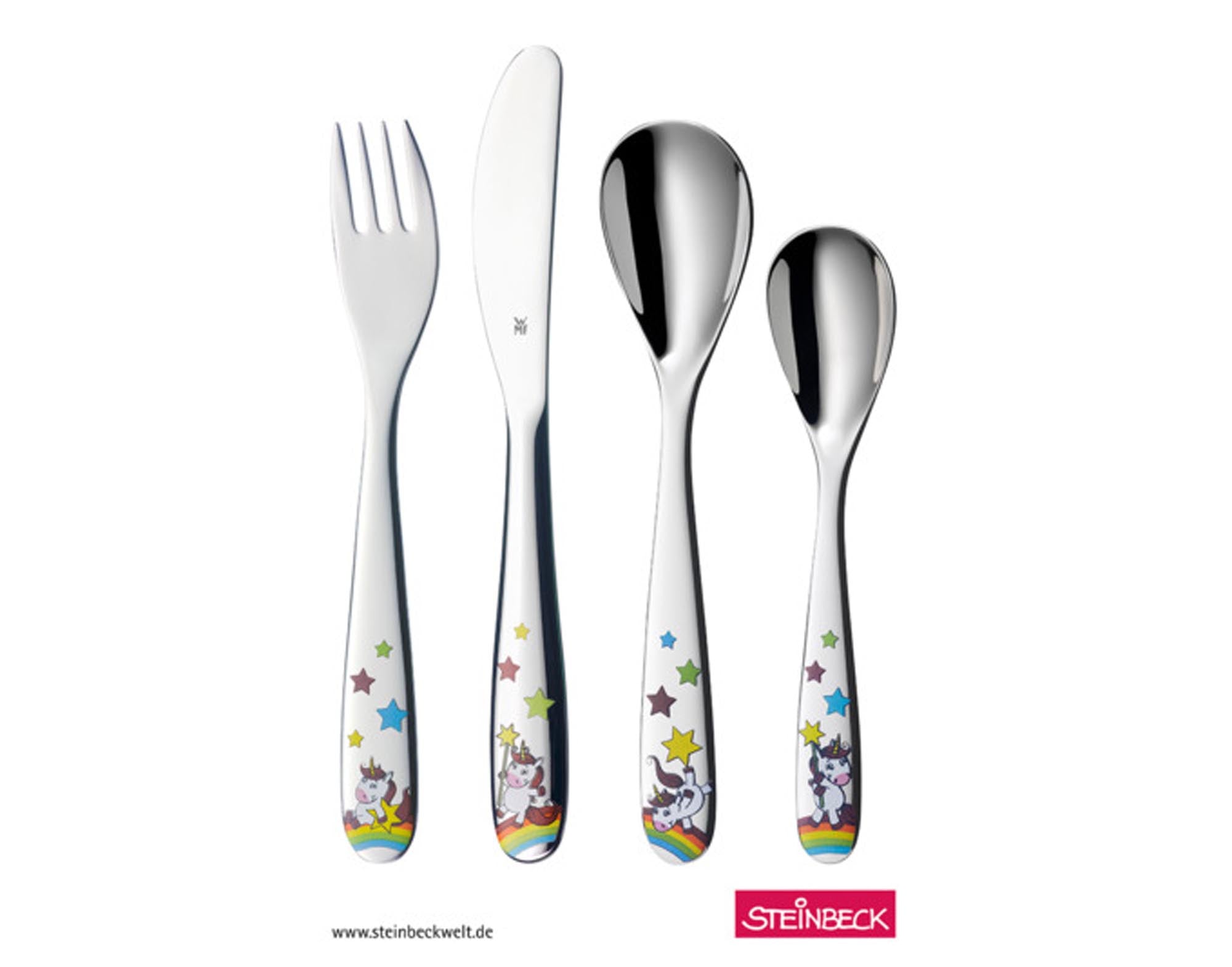 Entdecken Sie das WMF Kinderbesteck Unicorn 4-teilig: ideal für Einhorn-Fans, aus hochwertigem Edelstahl, spülmaschinenfest und kindgerecht.