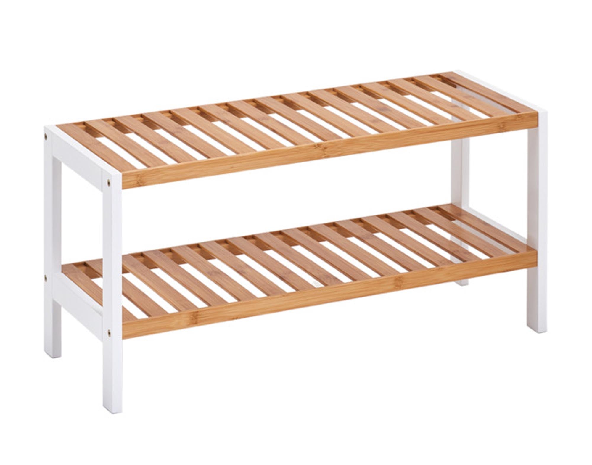 Entdecken Sie das ZELLER Schuhregal mit 2 Ablagen aus hochwertigem Bambus. Ideal für Ordnung im Flur, modern und nachhaltig. Maße: 70x26x33 cm.