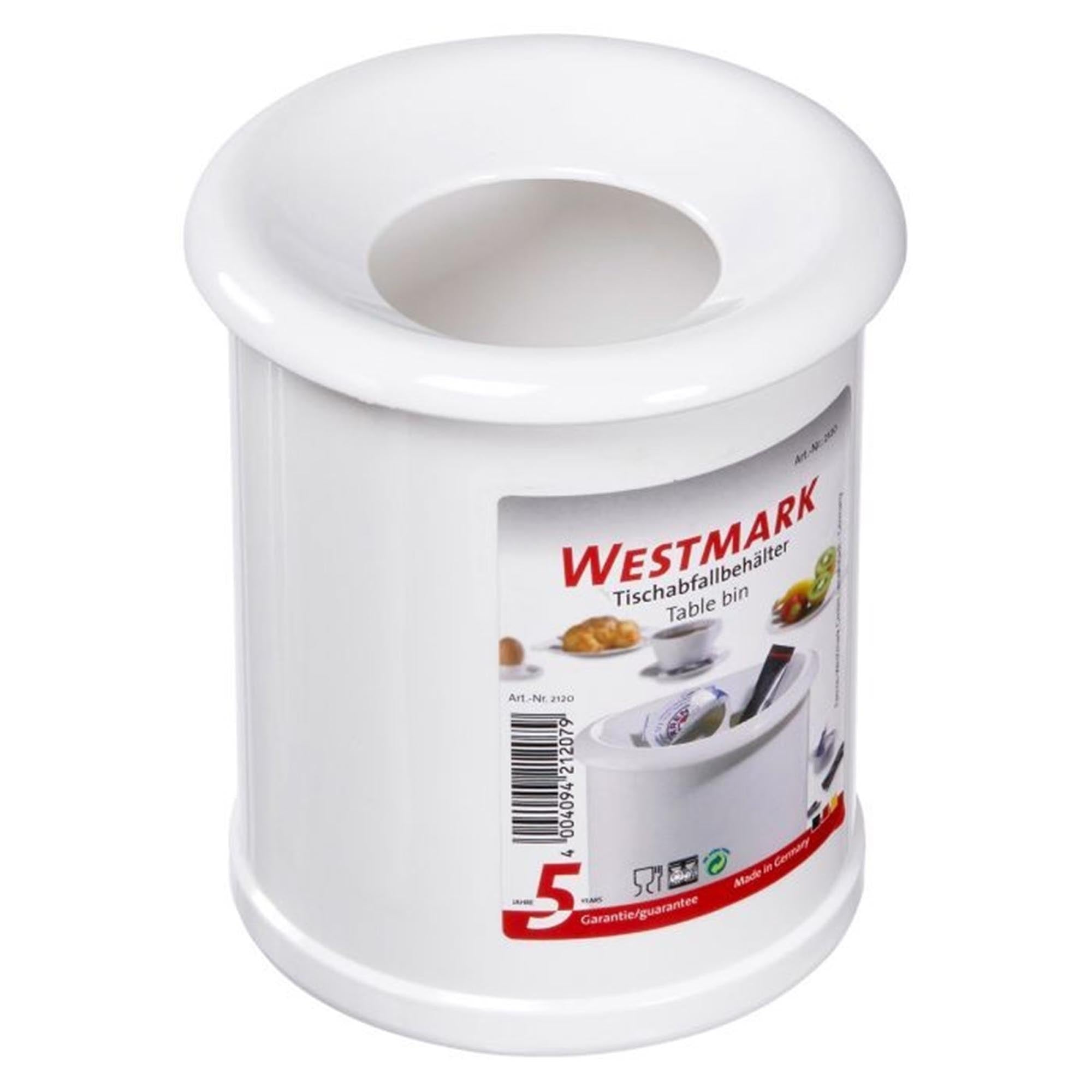 Weisser Tischabfallbehälter von Westmark, kompakt mit 1 Liter Volumen, ideal für Küchenabfälle, Masse: 12,4x12,4x14,2 cm.