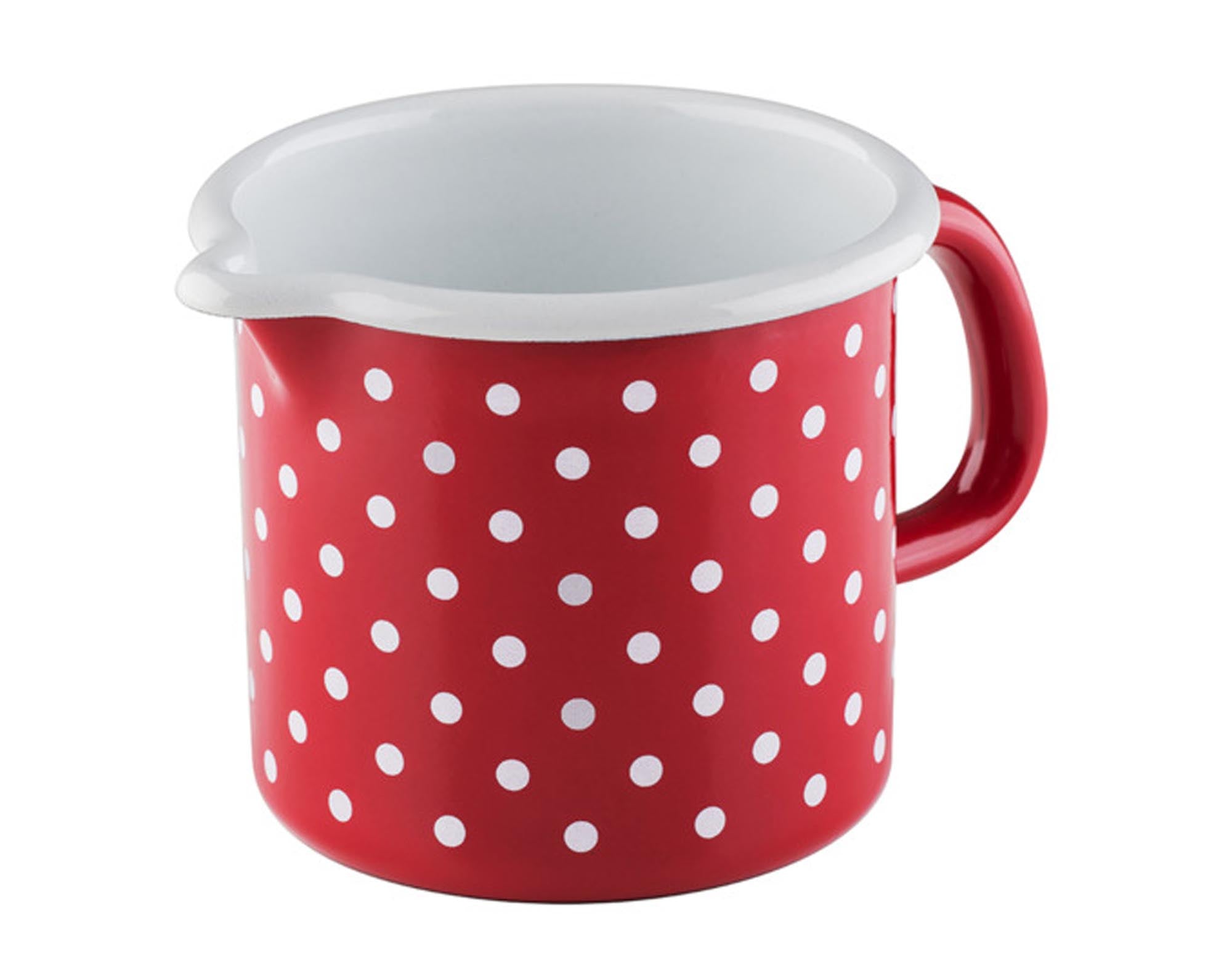 Entdecken Sie den RIESS Schnabeltopf Pünktchen in Rot (0,50 l, Ø 9 cm) – ideal für Milch, Saucen und mehr. Hochwertige Emaille, vielseitig und für alle Herdarten geeignet.