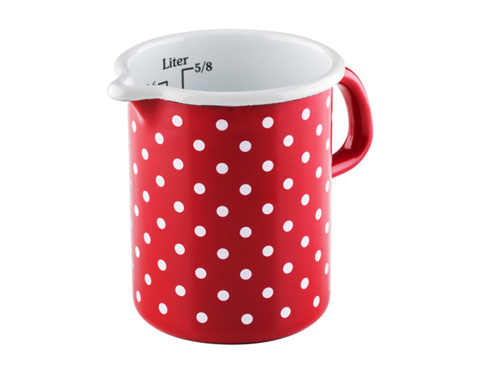 Der RIESS Messbecher Pünktchen 0.5 l: stilvoll, langlebig, aus Emaille, ideal für präzises Abmessen von Flüssigkeiten.