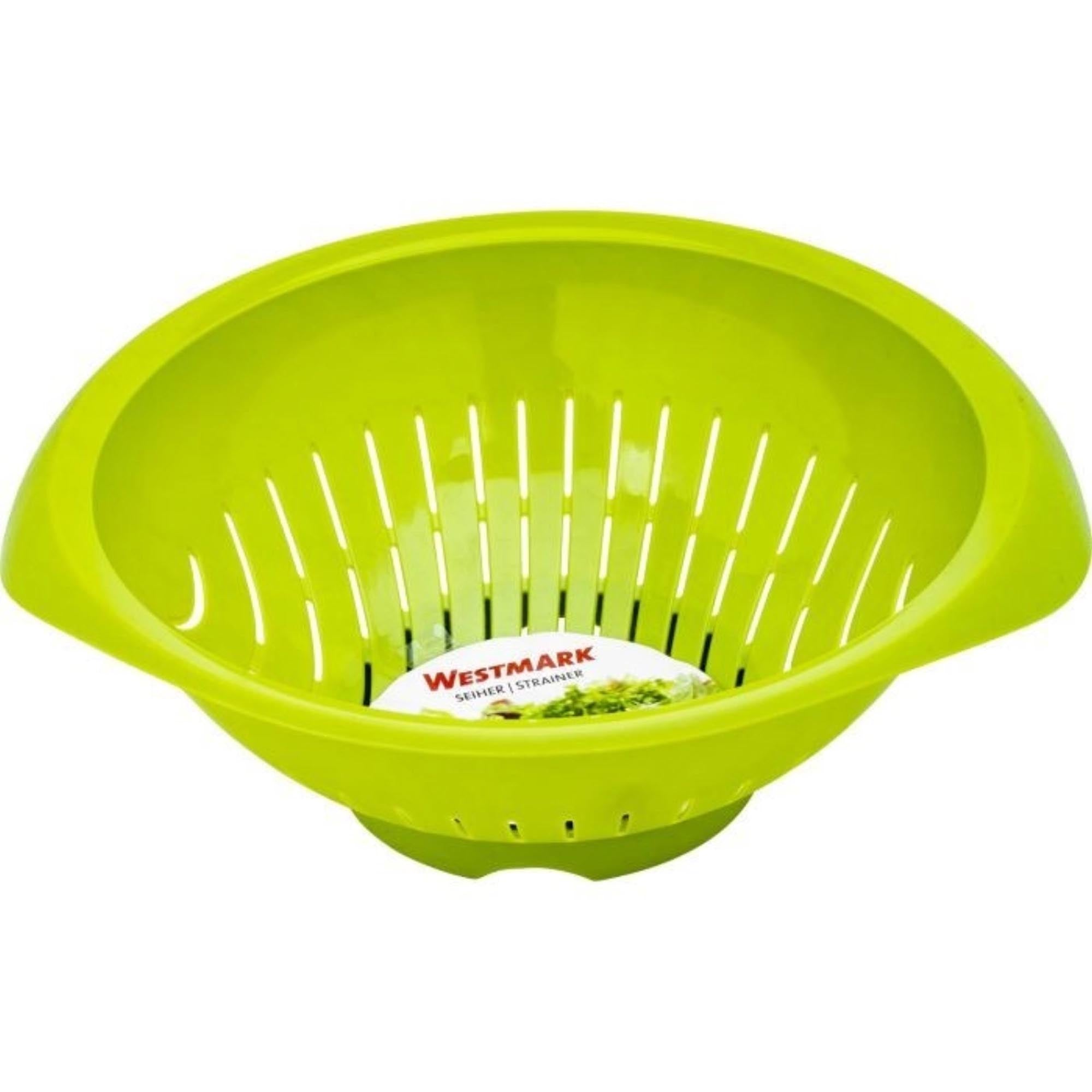 Apfelgrüner Westmark Salat-Seiher, 25 cm Durchmesser, Masse 28x31x11 cm, ideal zum Abtropfen und Reinigen von Salat und Gemüse.