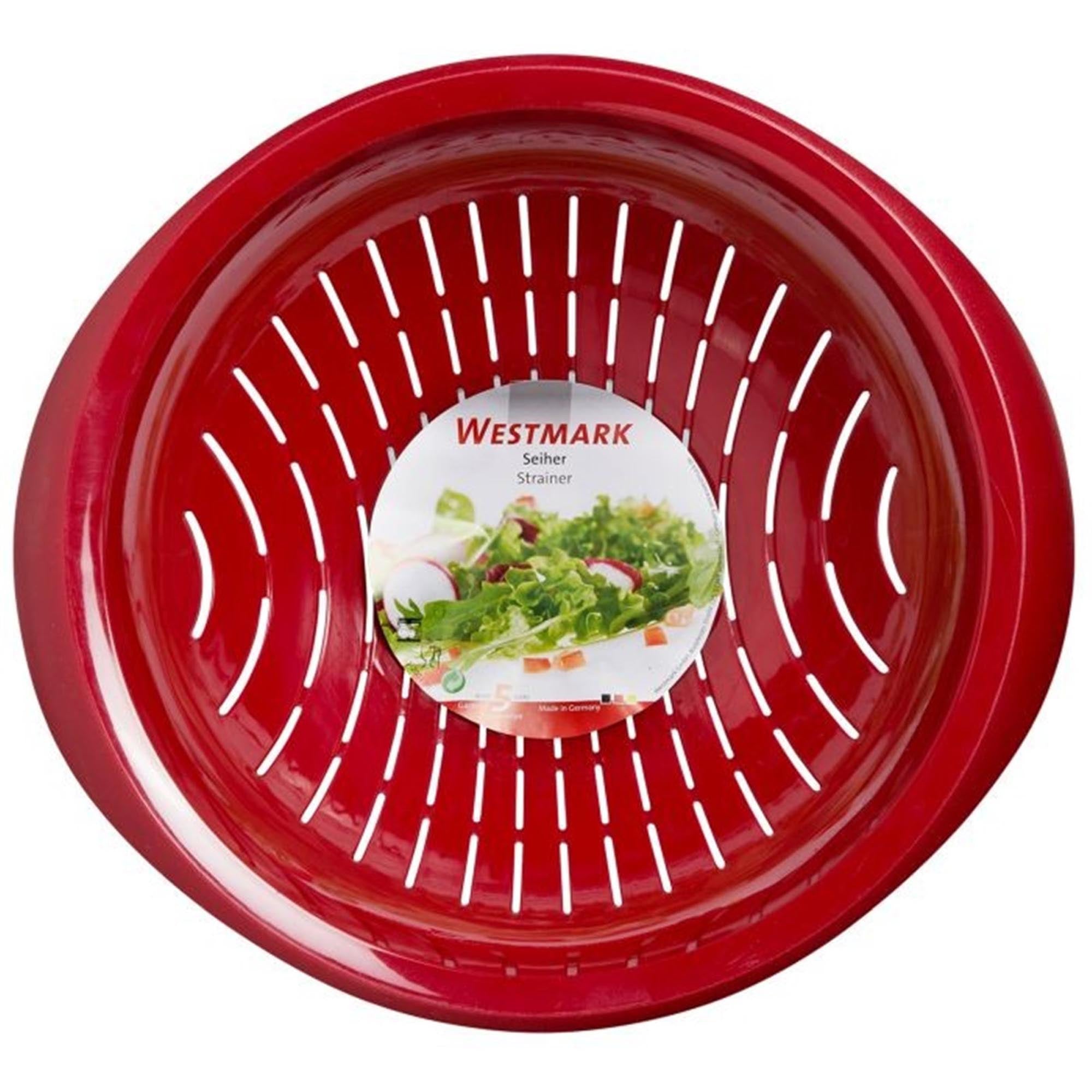 Praktischer Salat-Seiher in leuchtendem Rot von Westmark, perfekt zum schnellen Abtropfen von frischem Gemüse und Salat, mit kompakten Maßen.