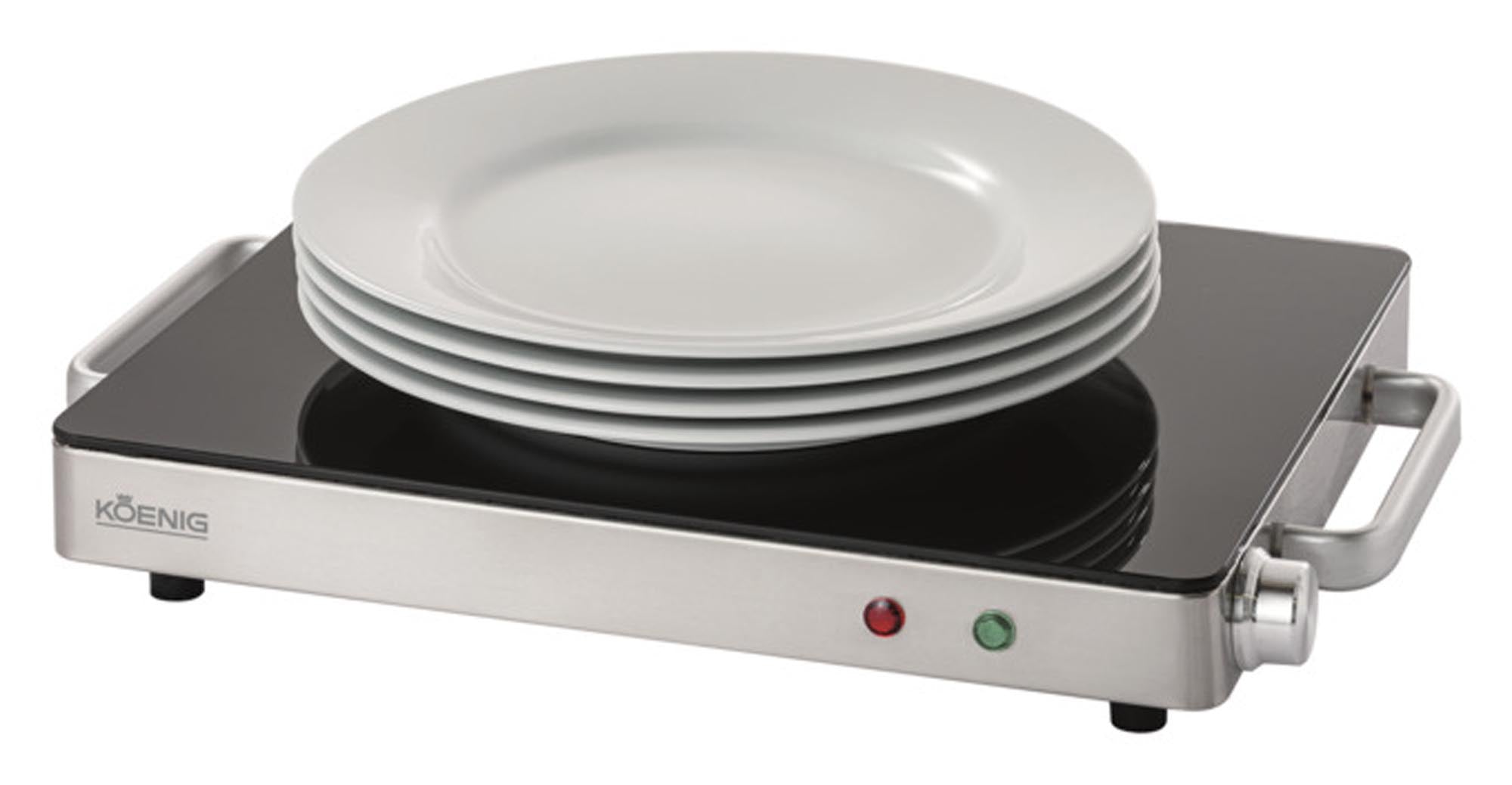 Kabellose Warmhalteplatte von KOENIG: Elegantes Design, flexible Nutzung, intuitive Bedienung, ideal für warme Speisen überall.