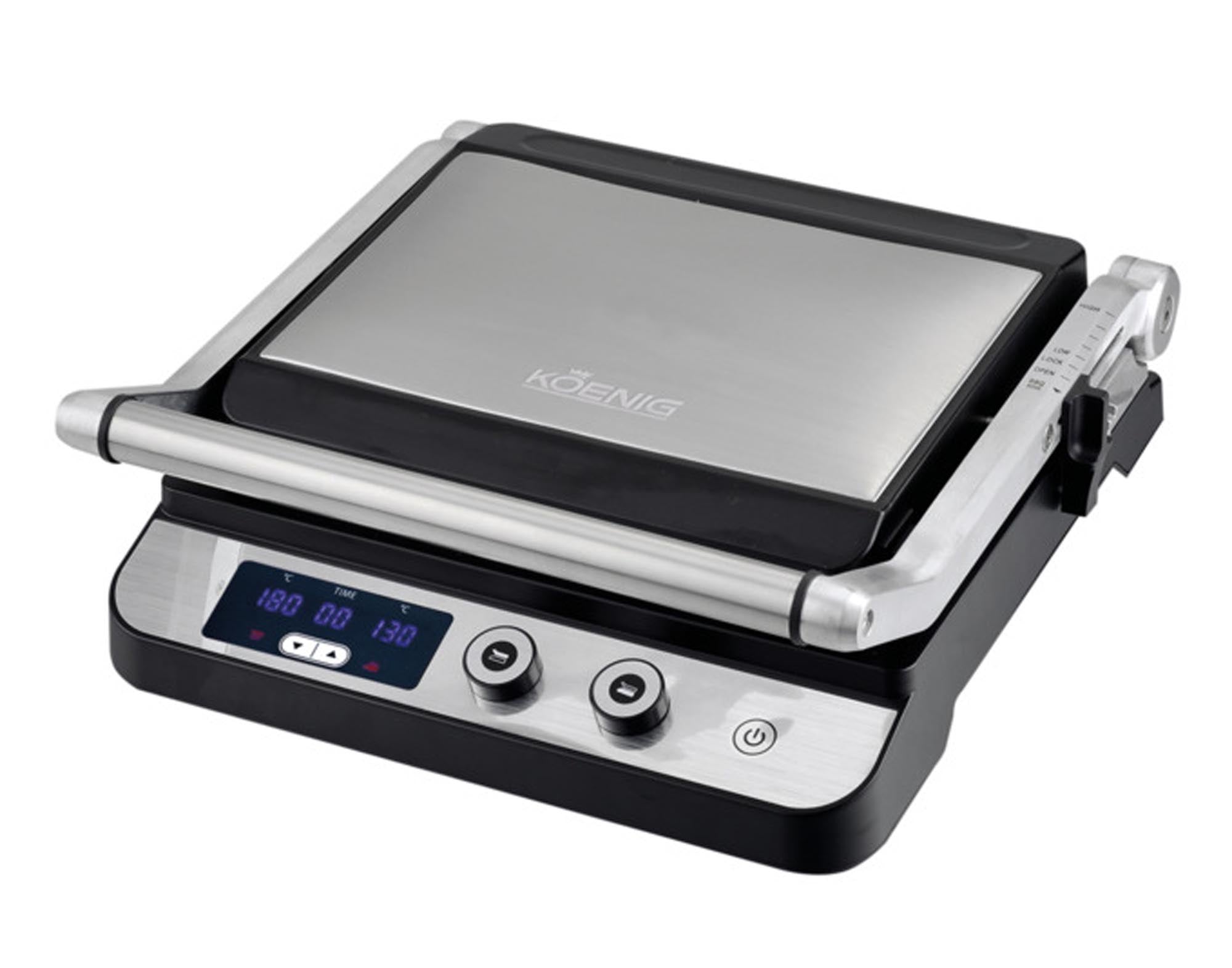 Entdecken Sie den KOENIG Kontaktgrill Digital: vielseitig, mit präziser Temperaturregelung, antihaftbeschichtet und ideal für Fleisch, Fisch, Gemüse und Paninis.