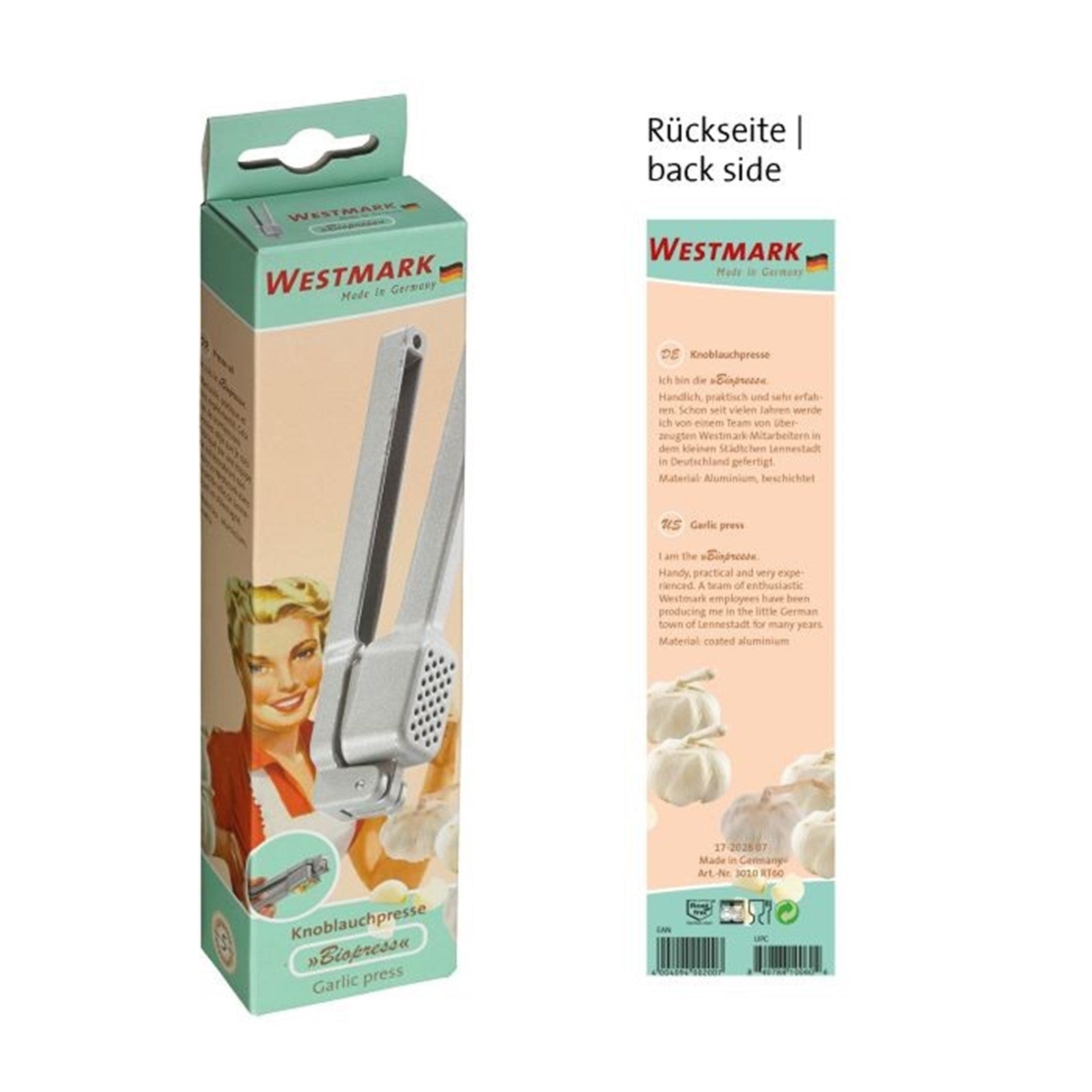 Westmark Retro Knoblauchpresse, 15x5.2x3.3cm, langlebig und funktional, ideal für frischen Knoblauch, stilvolles und robustes Küchenwerkzeug.