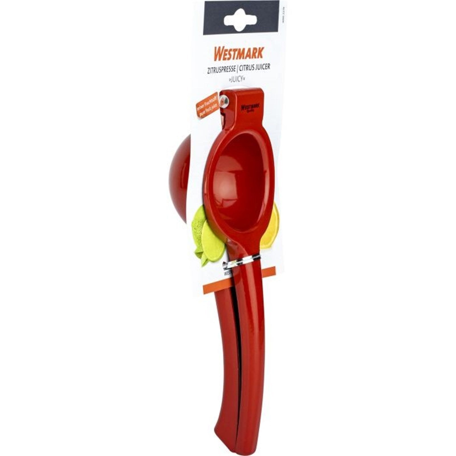 Rote Zitruspresse von Westmark, 22x7.5x5cm, perfekt für Limetten und Zitronen, kompakt, robust und ideal für frischen Saft.