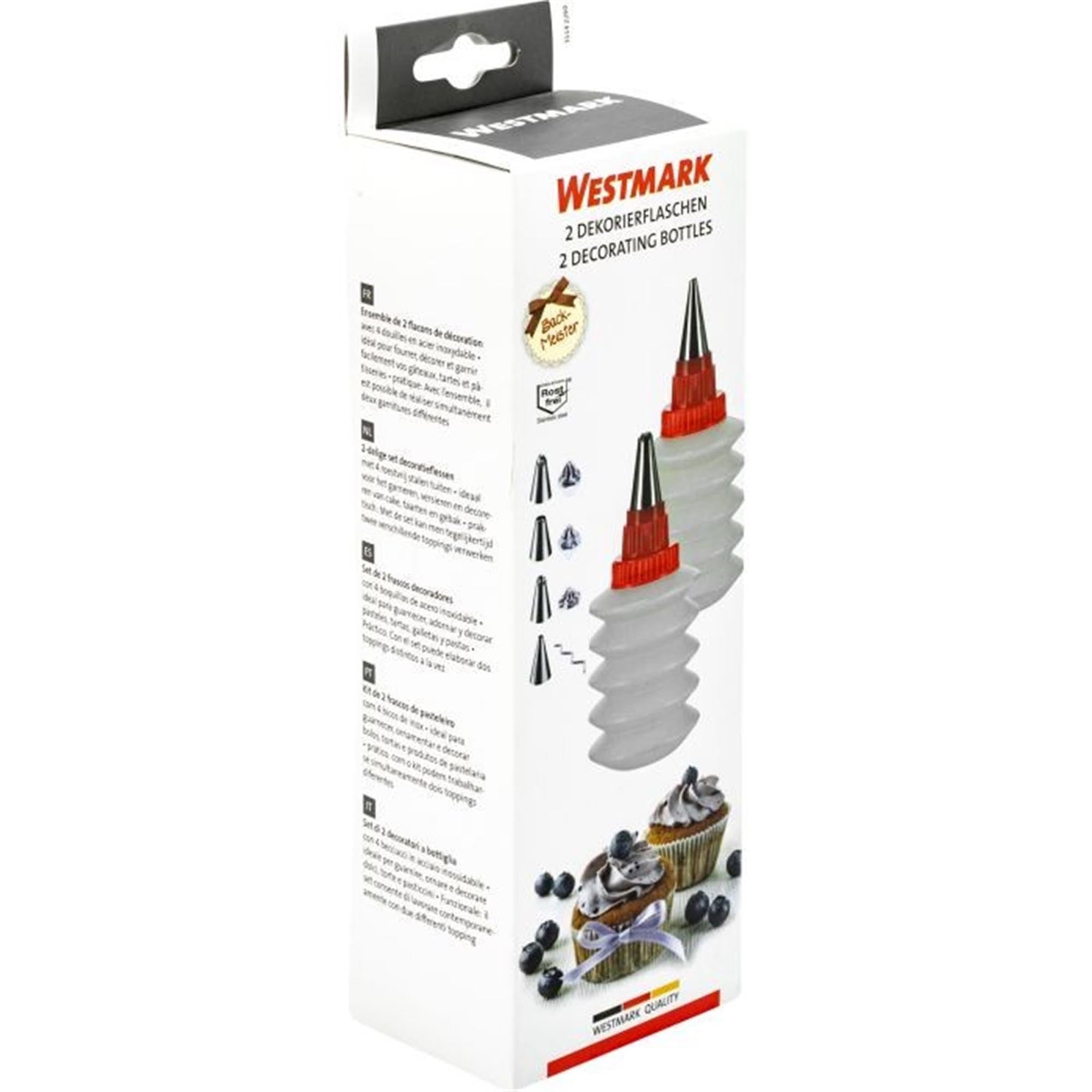 Praktisches 2er Set Dekorierflaschen aus Edelstahl und PP von Westmark, ideal zum Verzieren und Garnieren von Speisen.