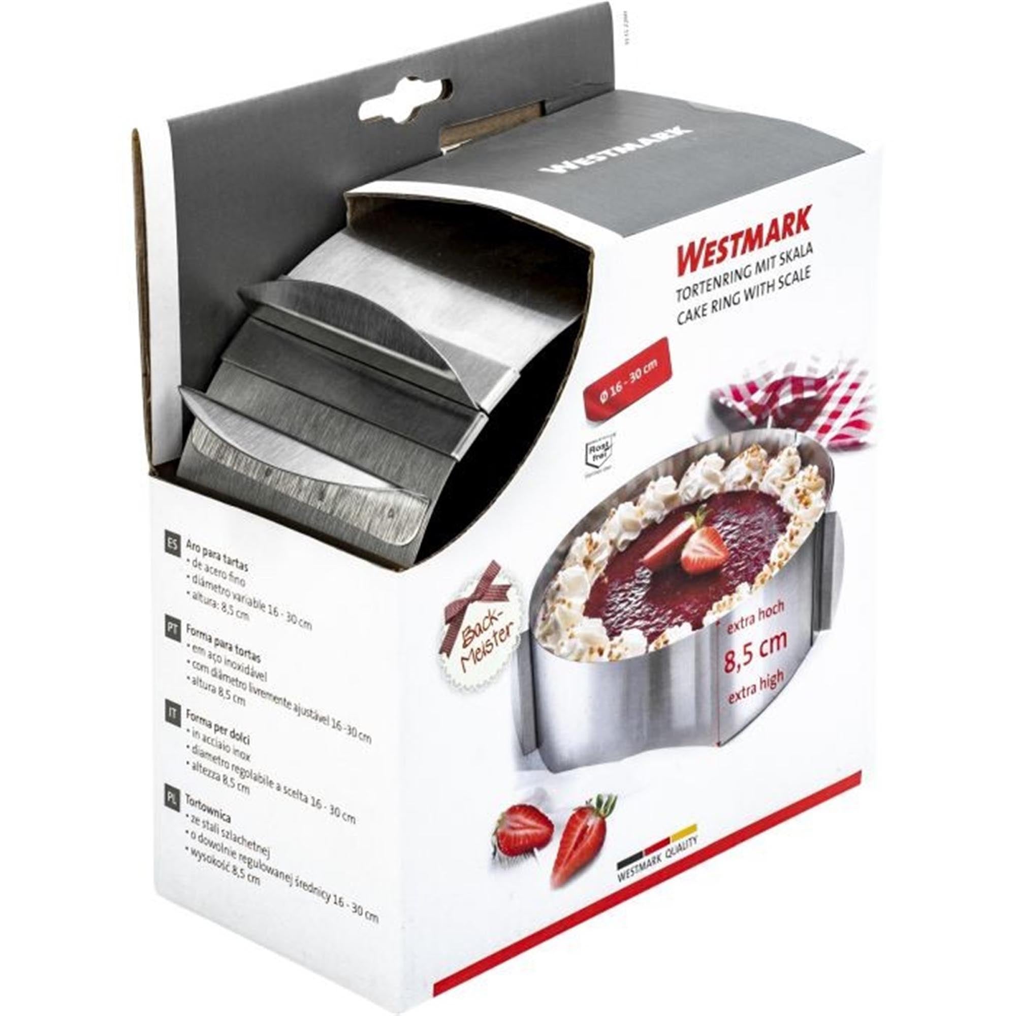 Verstellbarer Tortenring von Westmark, ideal für Kuchen von 16-30 cm Durchmesser, aus hochwertigem Material gefertigt.