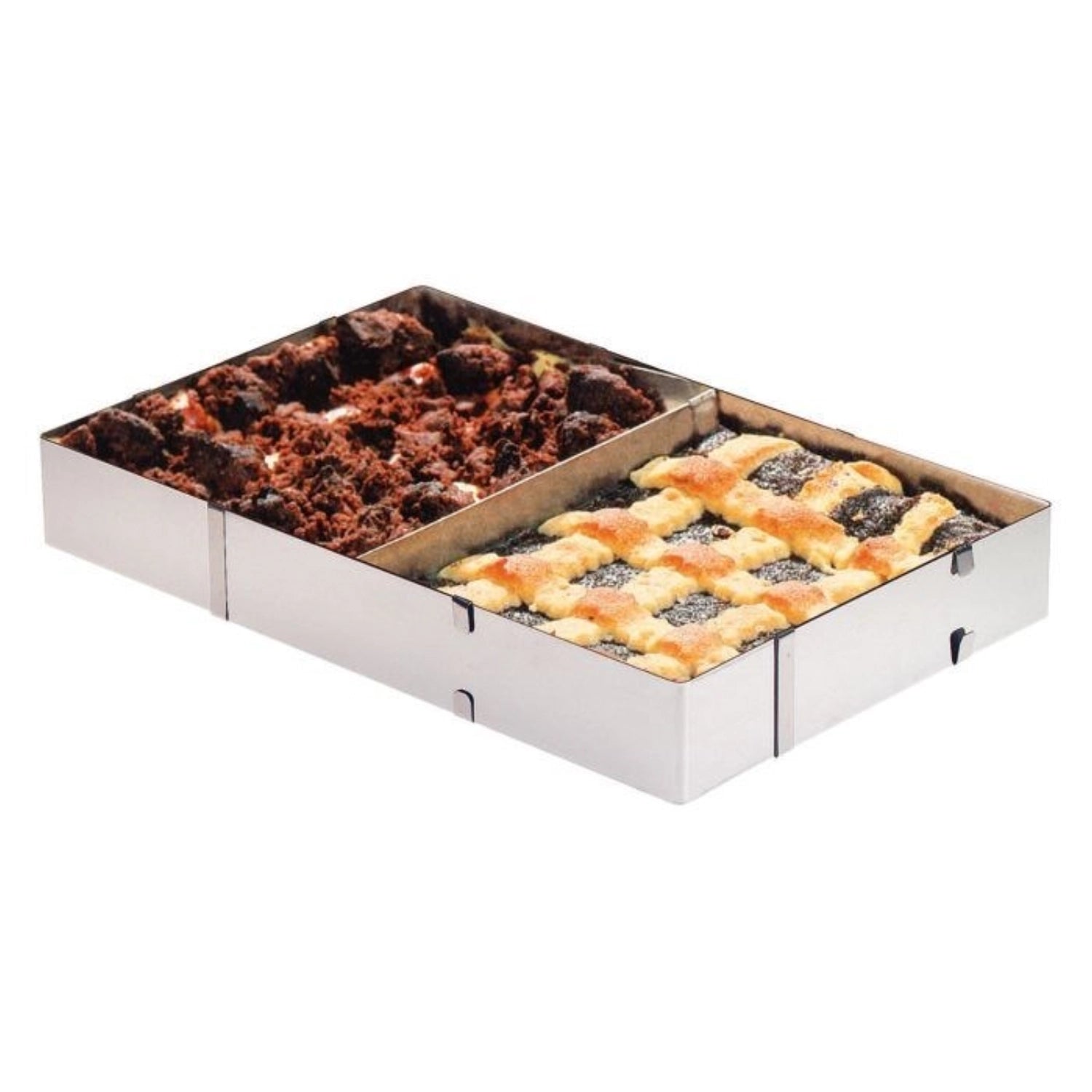 Verstellbarer Backrahmen von Westmark für Kuchen und Pizza, ermöglicht präzise Portionierung, Maße: L27,5-52,5 cm, B18,5-34 cm, H5 cm.