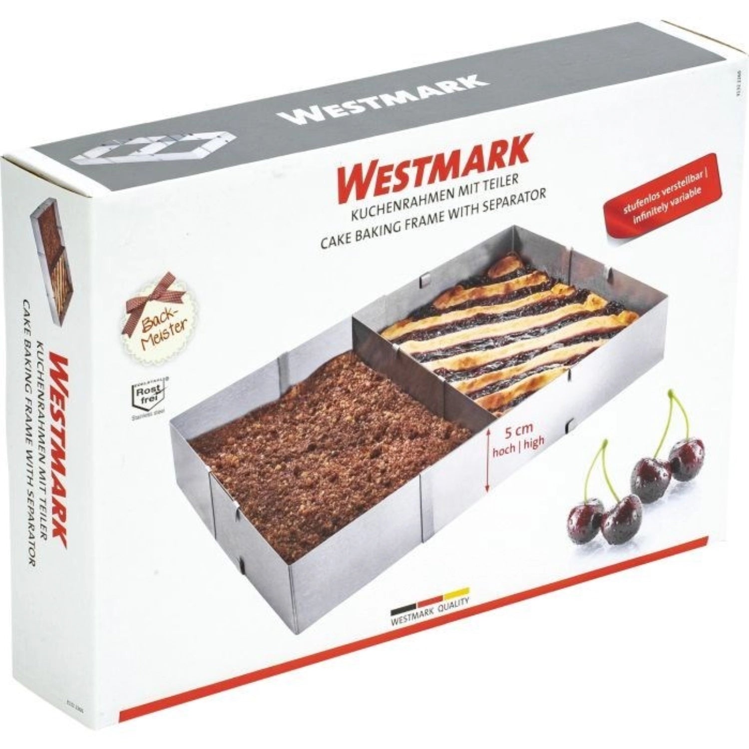 Verstellbarer Kuchen- und Pizzarahmen von Westmark mit Teiler, ideal für gleichmäßige Portionen, Maße: L27,5-52,5 cm, B18,5-34 cm, H5 cm.