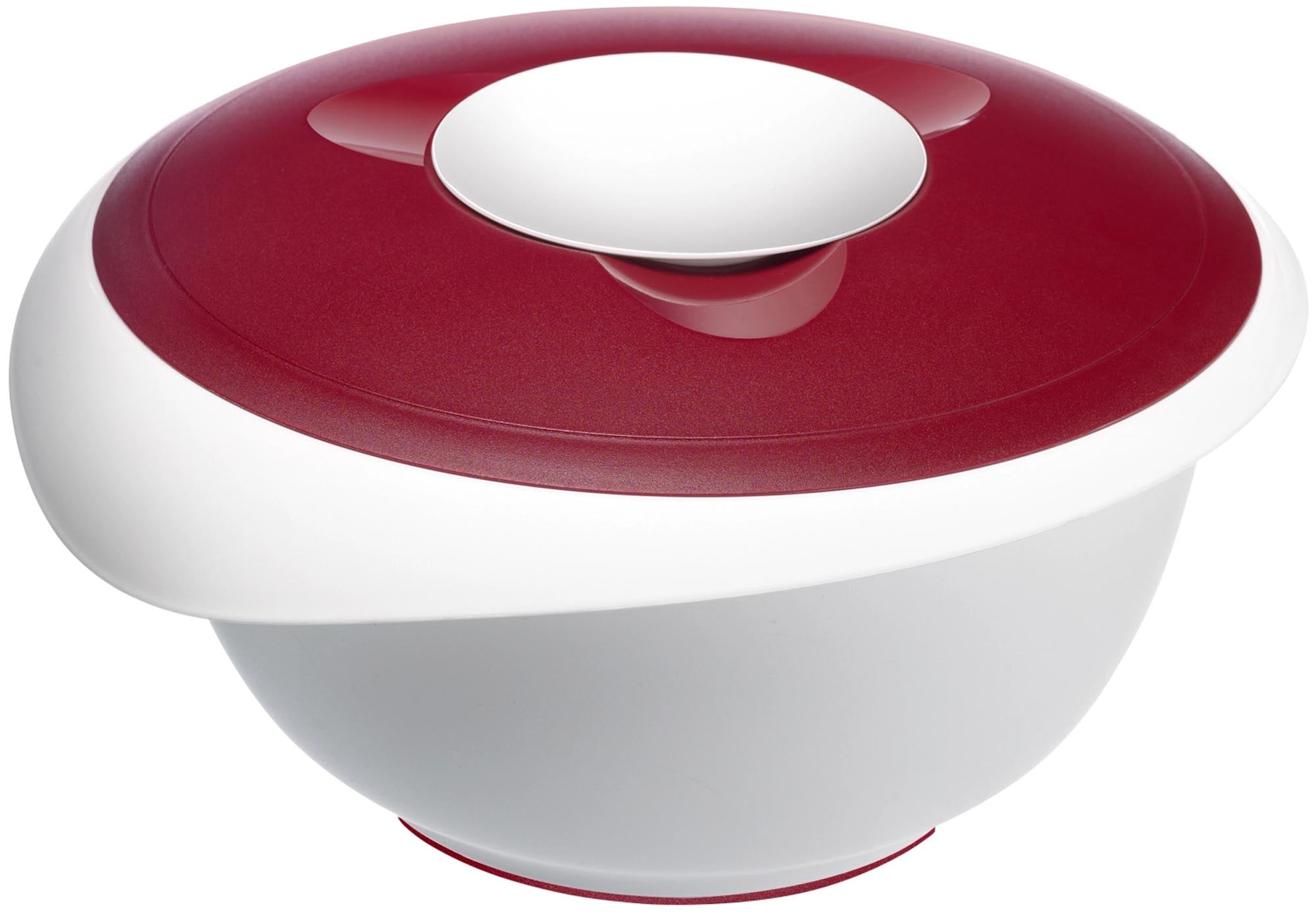 Entdecken Sie die Westmark Rührschüssel mit Spritzschutz in Rot (28,5x27x14cm, 3,5l) – ideal für sauberes Rühren, Kochen und Backen!